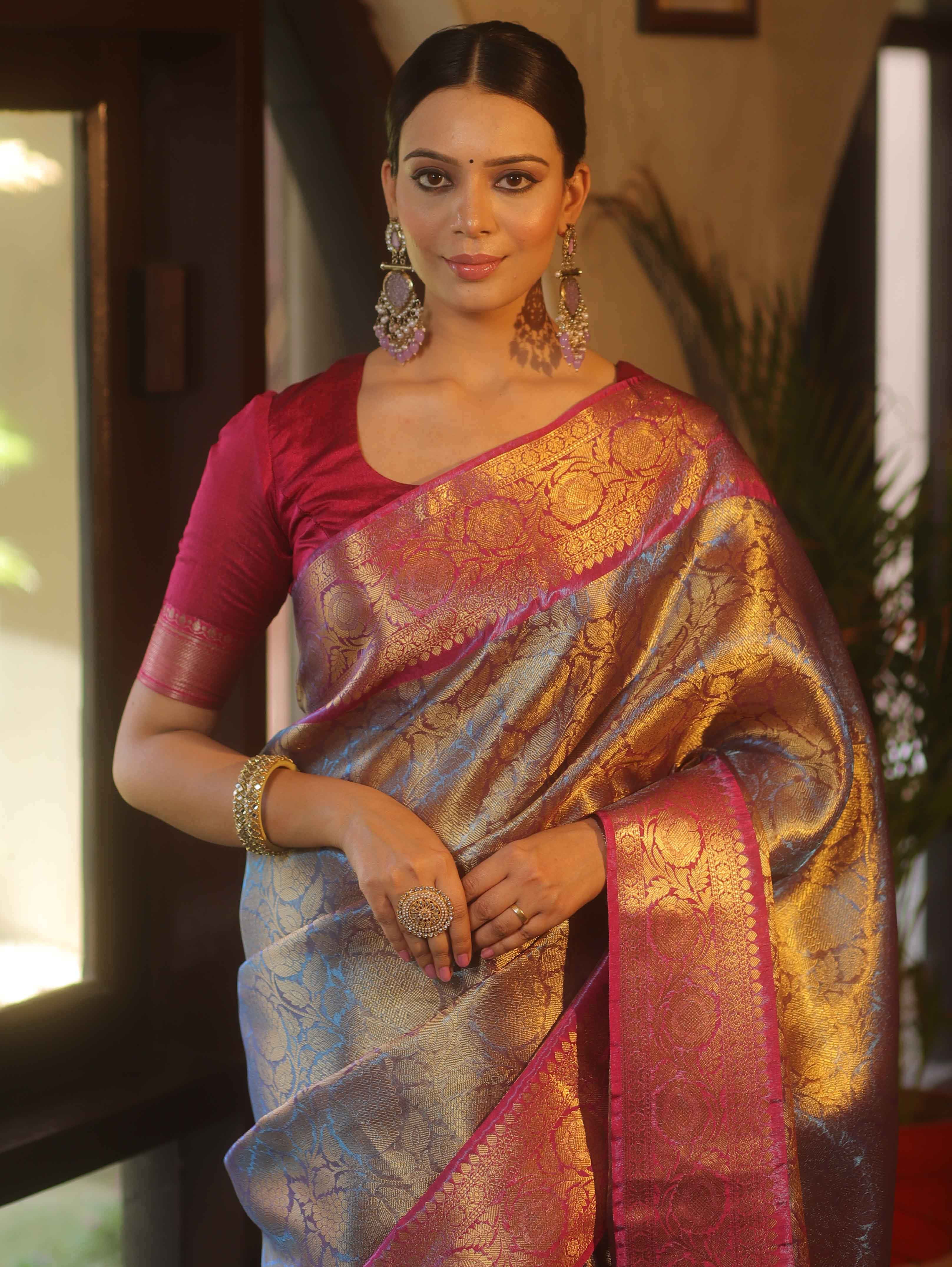 Banarasee Handwoven Tissue Saree With Zari Jaal Design & Broad Broder-Blue & Pink