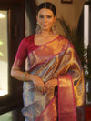Banarasee Handwoven Tissue Saree With Zari Jaal Design & Broad Broder-Blue & Pink