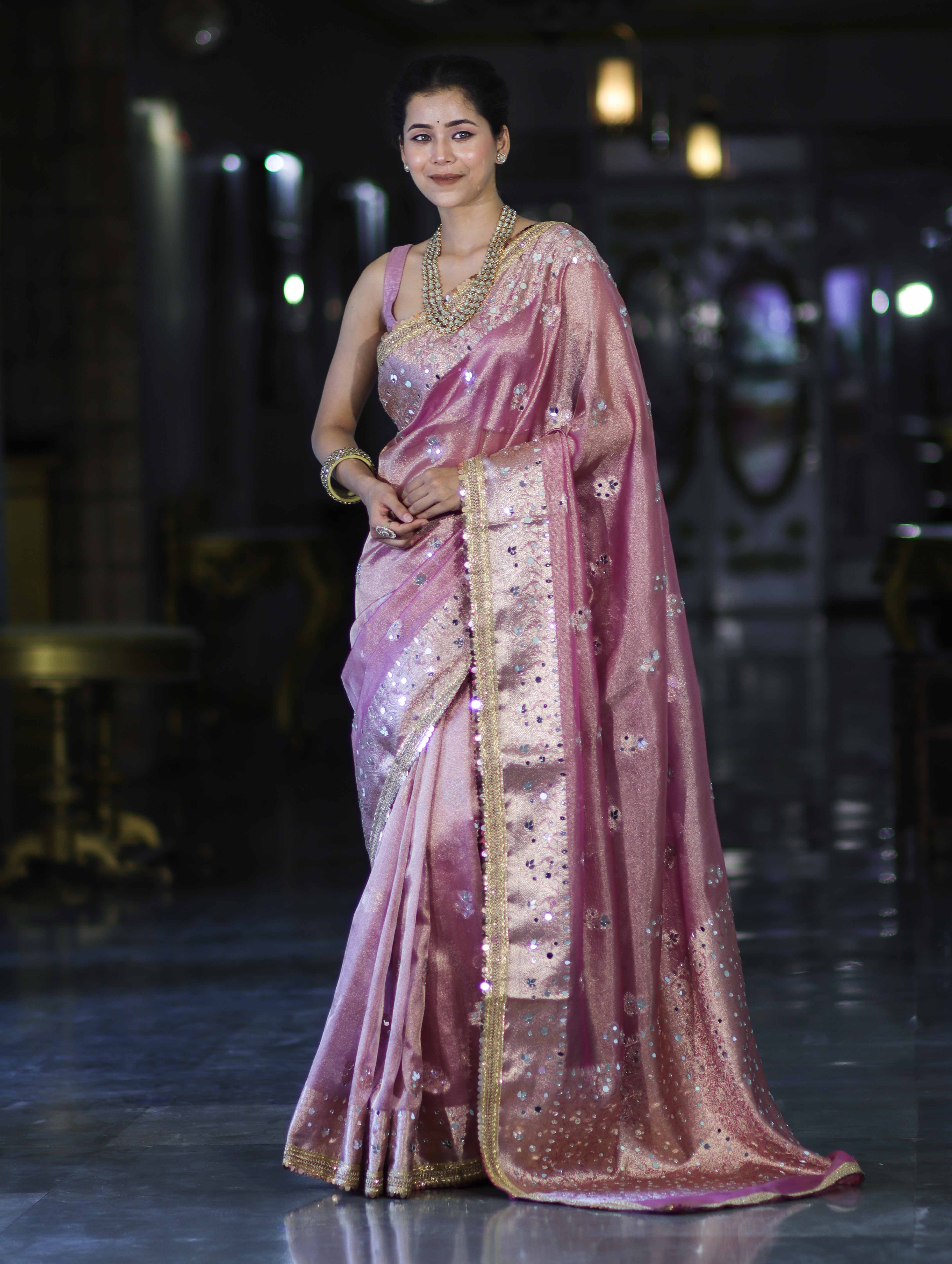 Banarasee Handwoven Tissue Zari Woven Mirror Work Saree-Light Pink