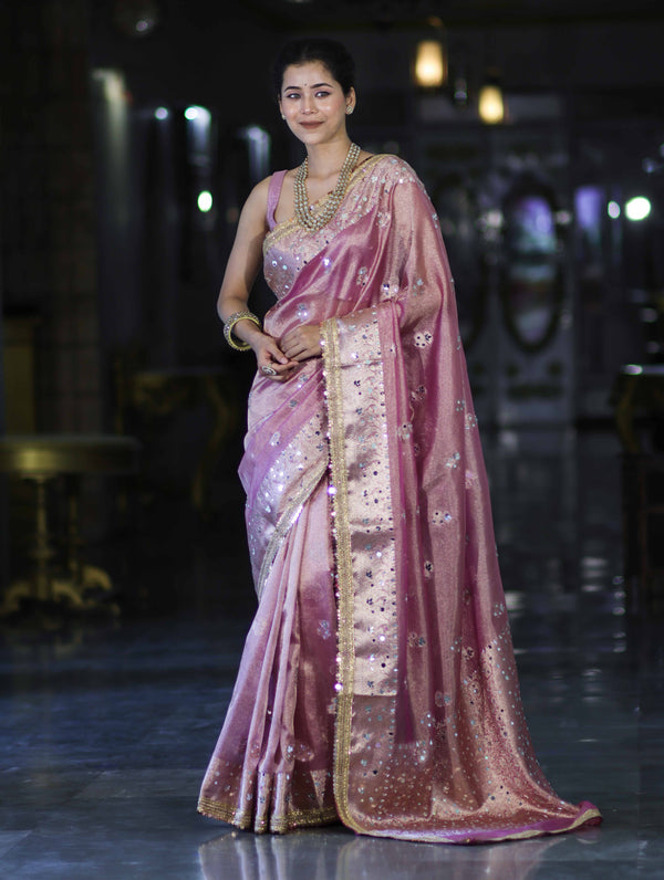 Banarasee Handwoven Tissue Zari Woven Mirror Work Saree-Light Pink