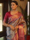 Banarasee Handwoven Tissue Saree With Zari Jaal Design & Broad Broder-Blue & Pink
