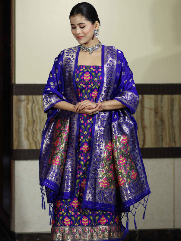 Banarasee Semi-Silk Zari & Resham Work Salwar Kameez Fabric With Dupatta Set-Royal Blue