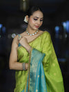 Banarasee Handloom Dual Color Tissue Silk Saree With Zari Buta Design Border & Lace-Light Green & Light Blue
