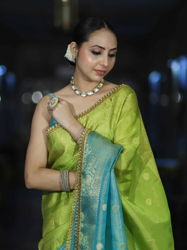 Banarasee Handloom Dual Color Tissue Silk Saree With Zari Buta Design Border & Lace-Light Green & Light Blue