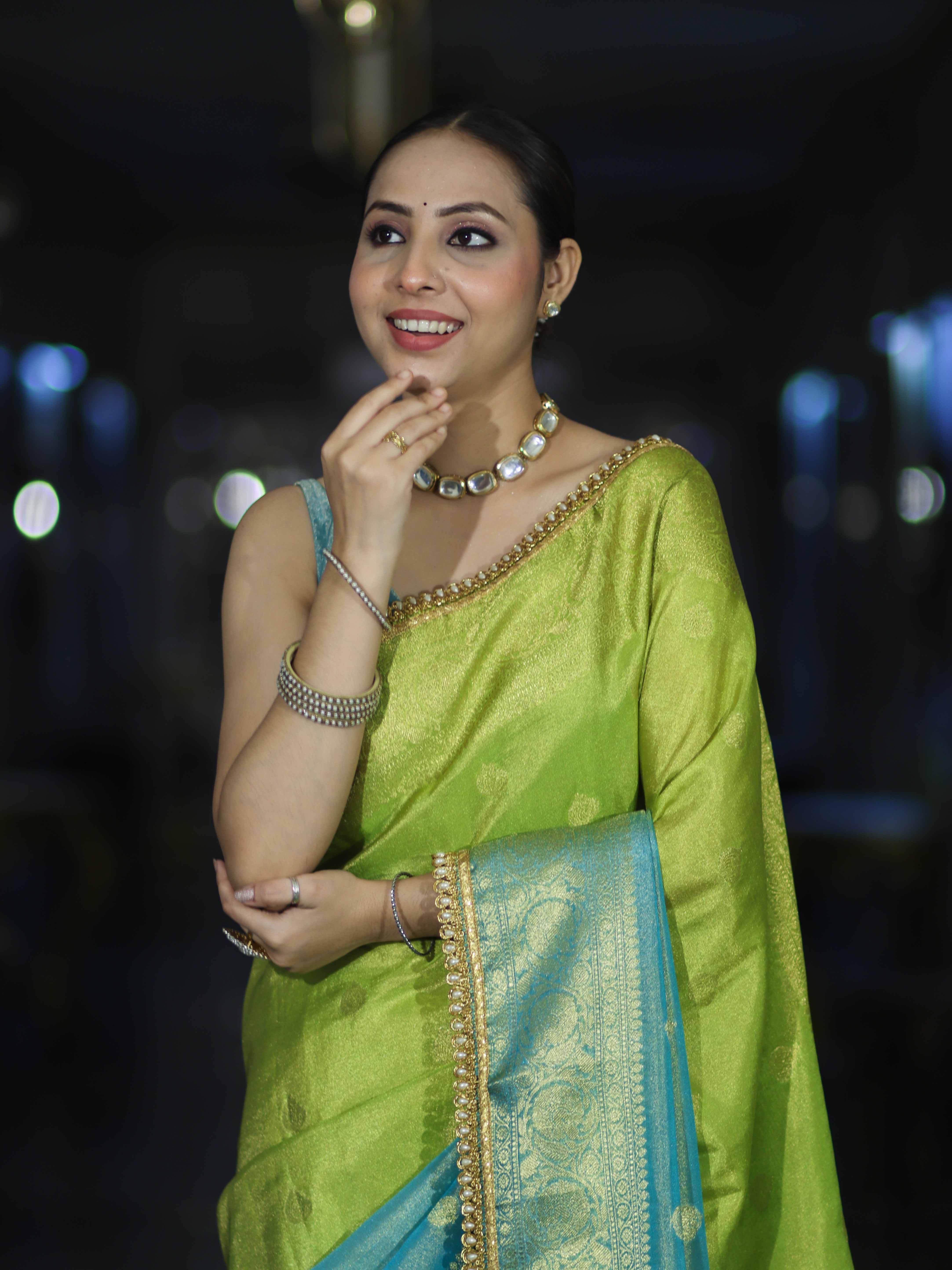 Banarasee Handloom Dual Color Tissue Silk Saree With Zari Buta Design Border & Lace-Light Green & Light Blue