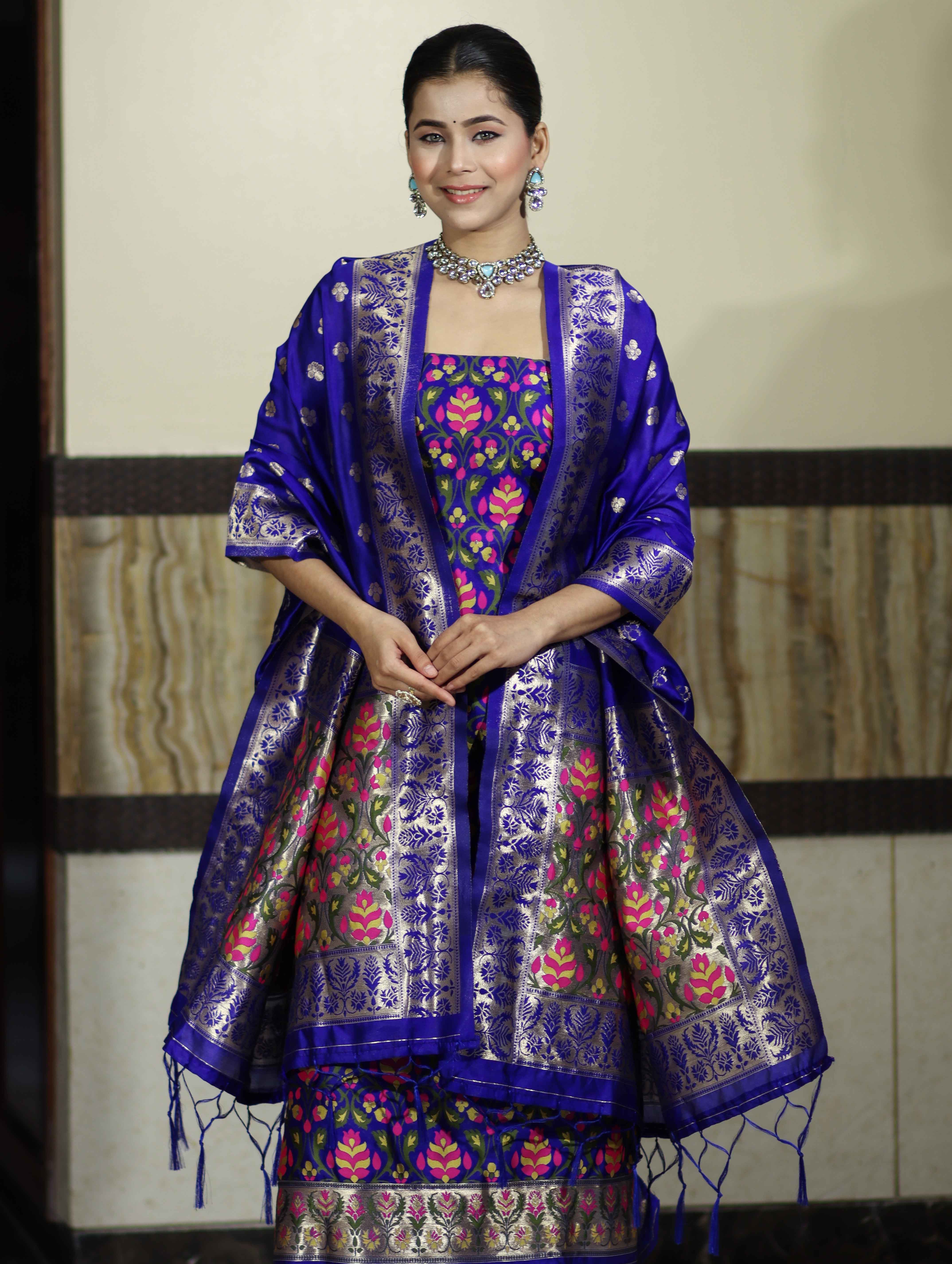 Banarasee Semi-Silk Zari & Resham Work Salwar Kameez Fabric With Dupatta Set-Royal Blue