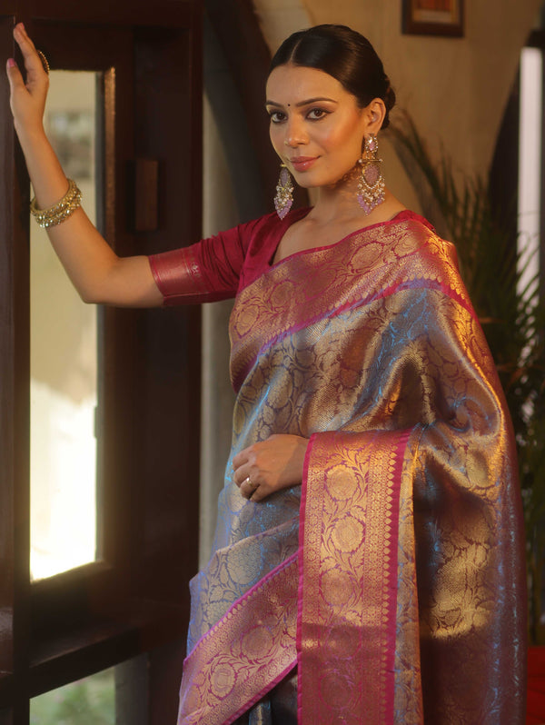 Banarasee Handwoven Tissue Saree With Zari Jaal Design & Broad Broder-Blue & Pink