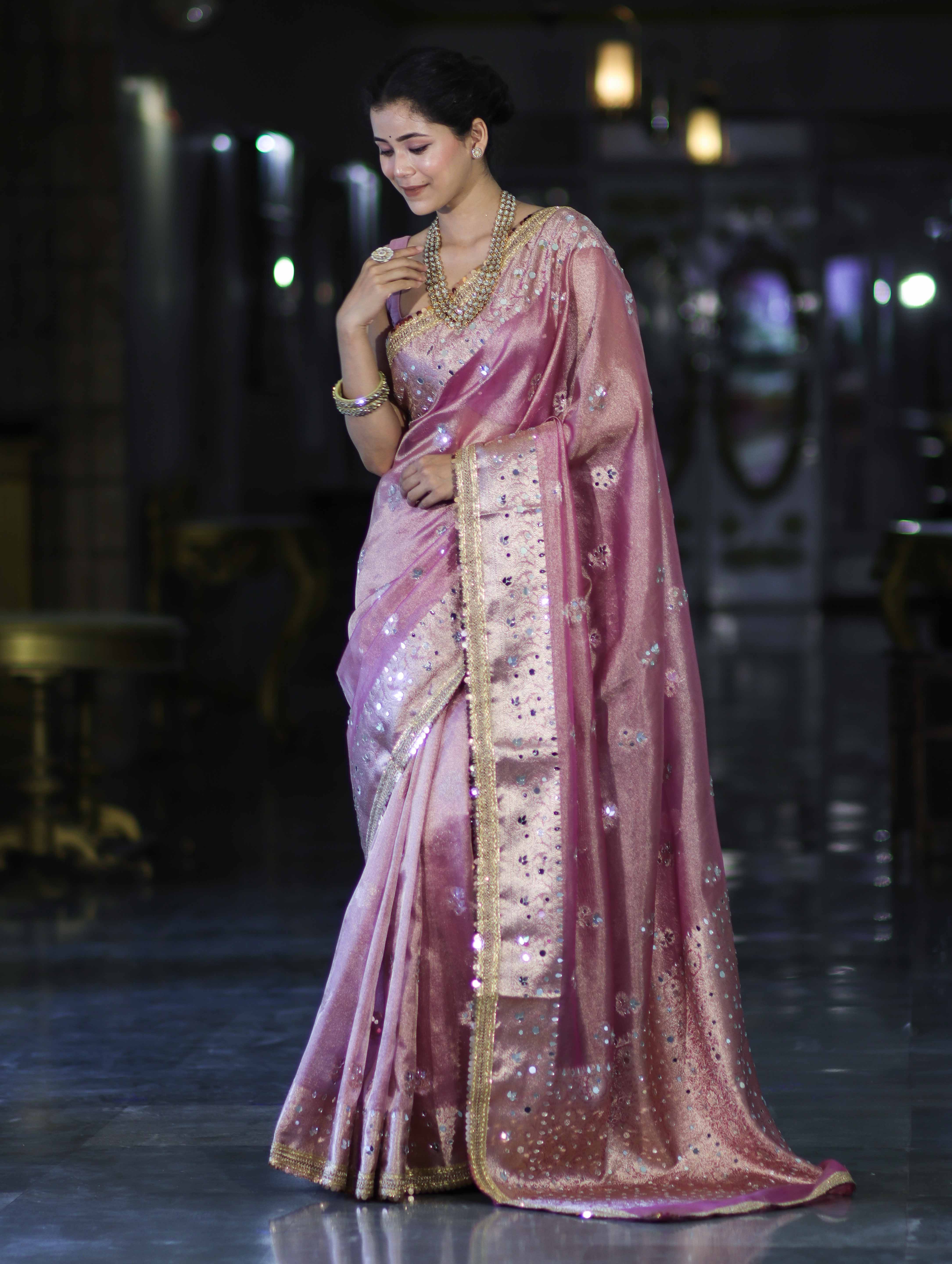 Banarasee Handwoven Tissue Zari Woven Mirror Work Saree-Light Pink