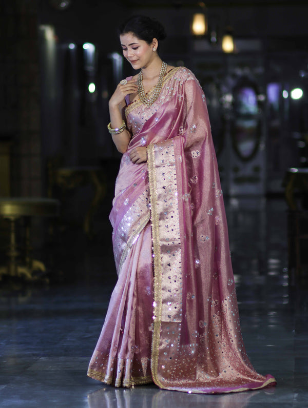 Banarasee Handwoven Tissue Zari Woven Mirror Work Saree-Light Pink