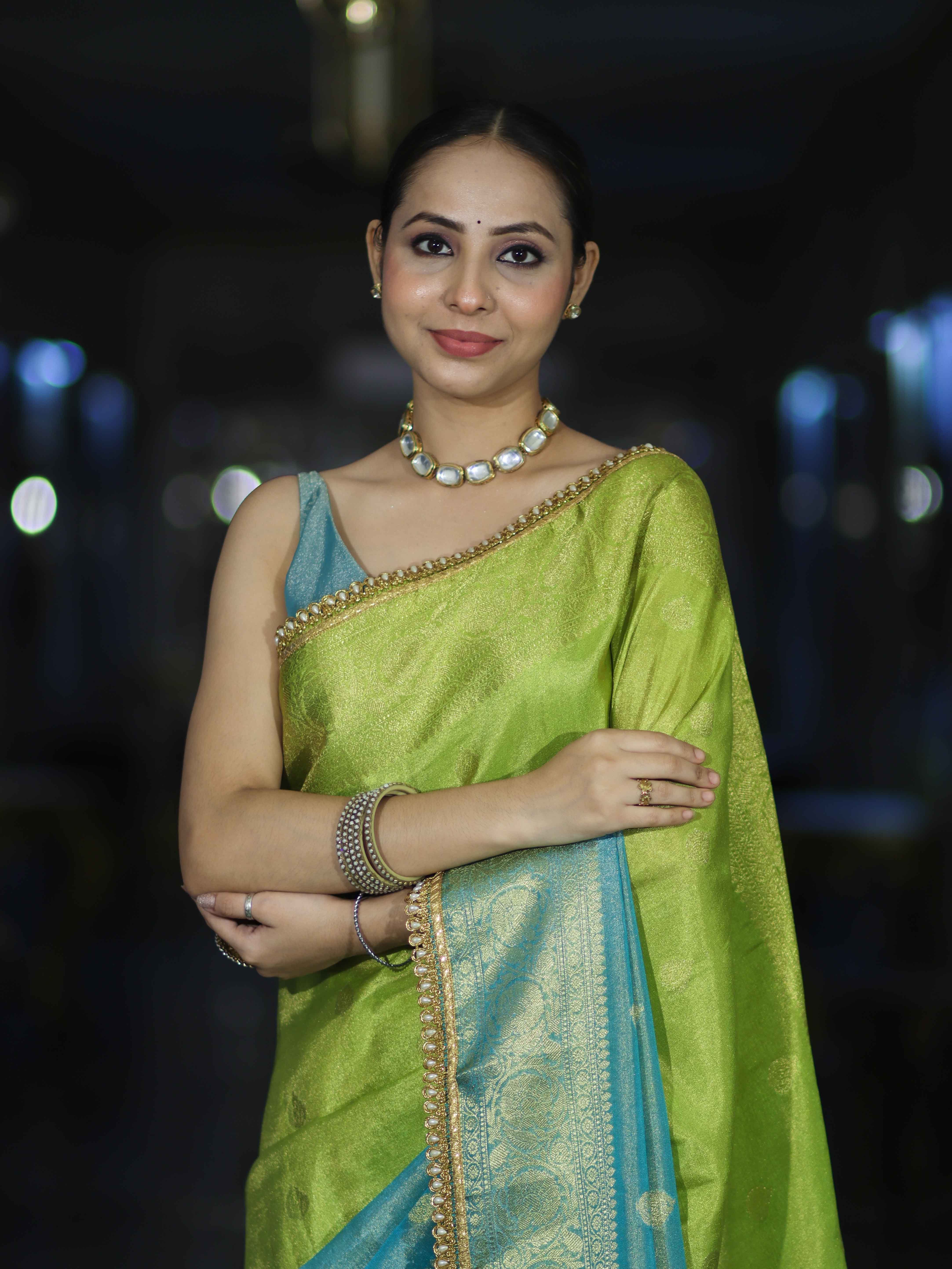 Banarasee Handloom Dual Color Tissue Silk Saree With Zari Buta Design Border & Lace-Light Green & Light Blue