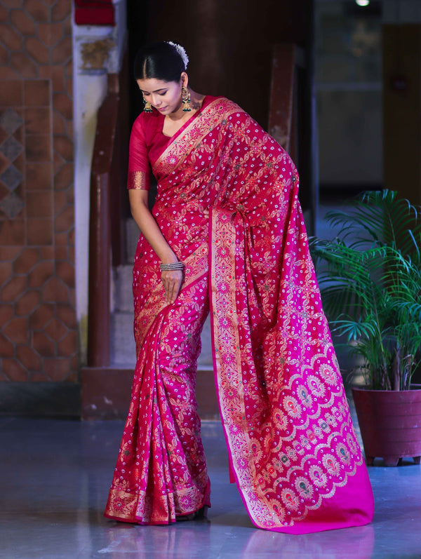 Banarasee Handloom Semi Silk Bandhej Saree With Zari Jaal Design Mirror Work & Floral Border-Pink