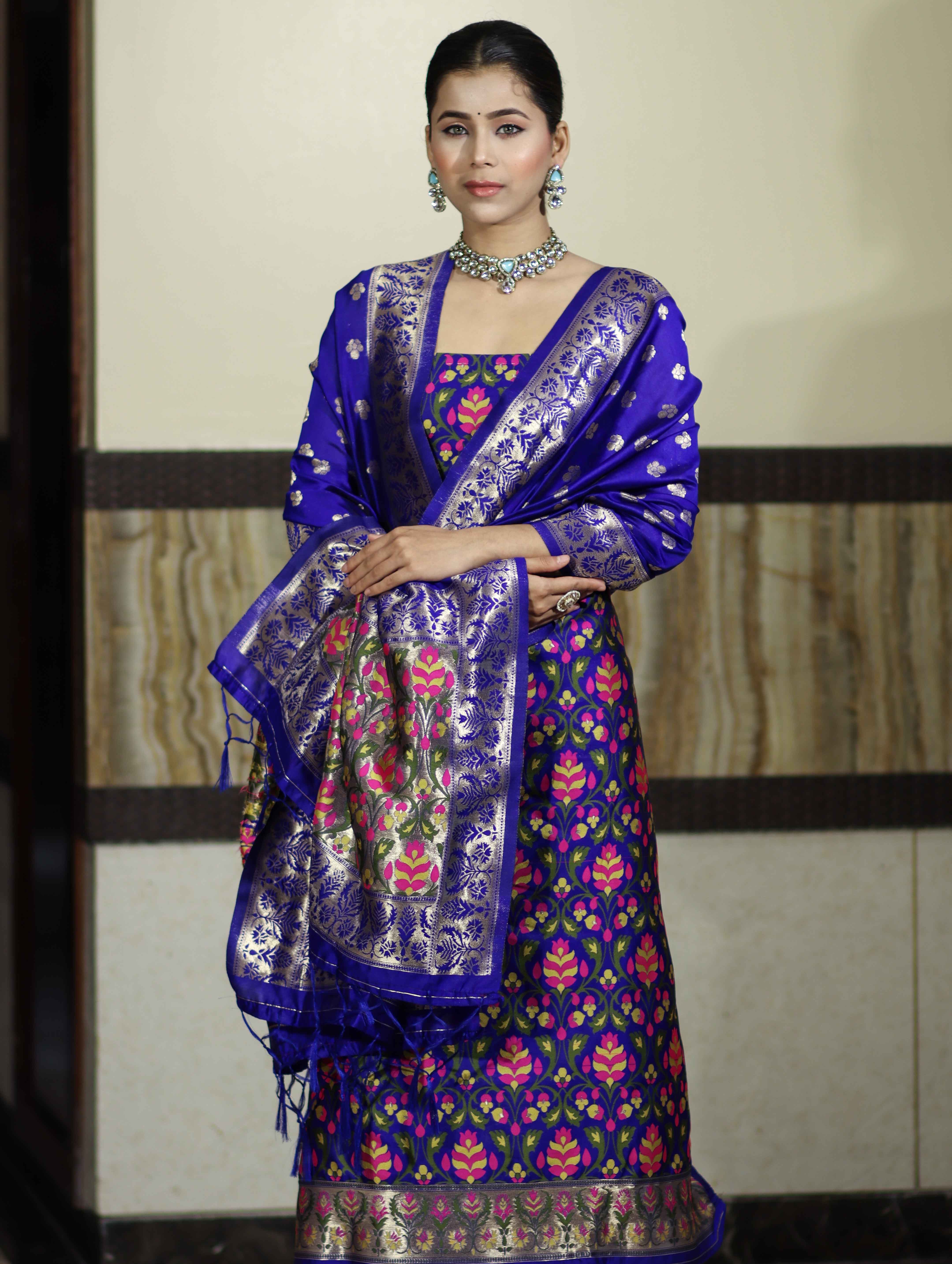 Banarasee Semi-Silk Zari & Resham Work Salwar Kameez Fabric With Dupatta Set-Royal Blue