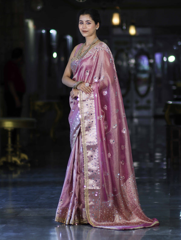 Banarasee Handwoven Tissue Zari Woven Mirror Work Saree-Light Pink
