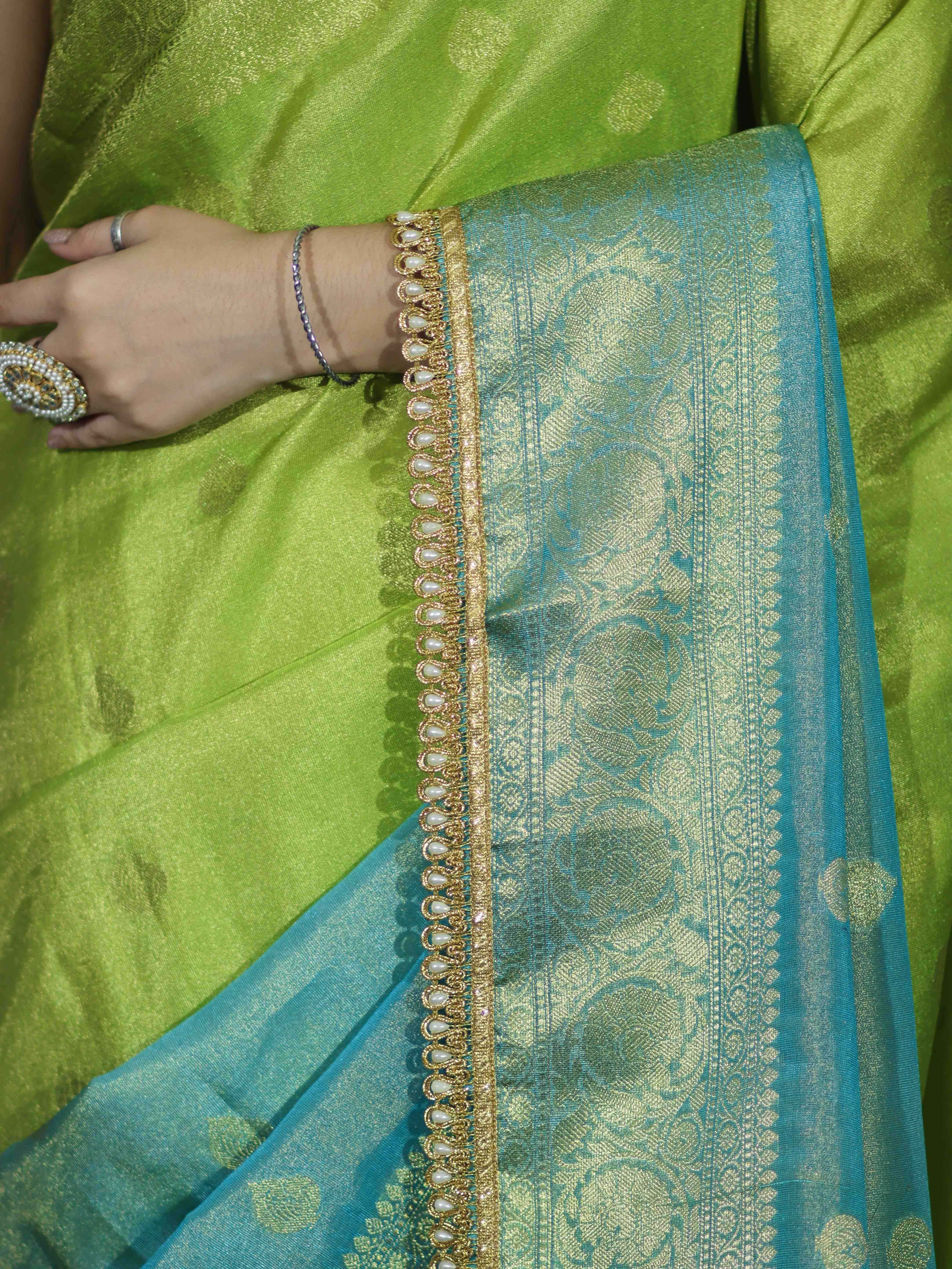 Banarasee Handloom Dual Color Tissue Silk Saree With Zari Buta Design Border & Lace-Light Green & Light Blue
