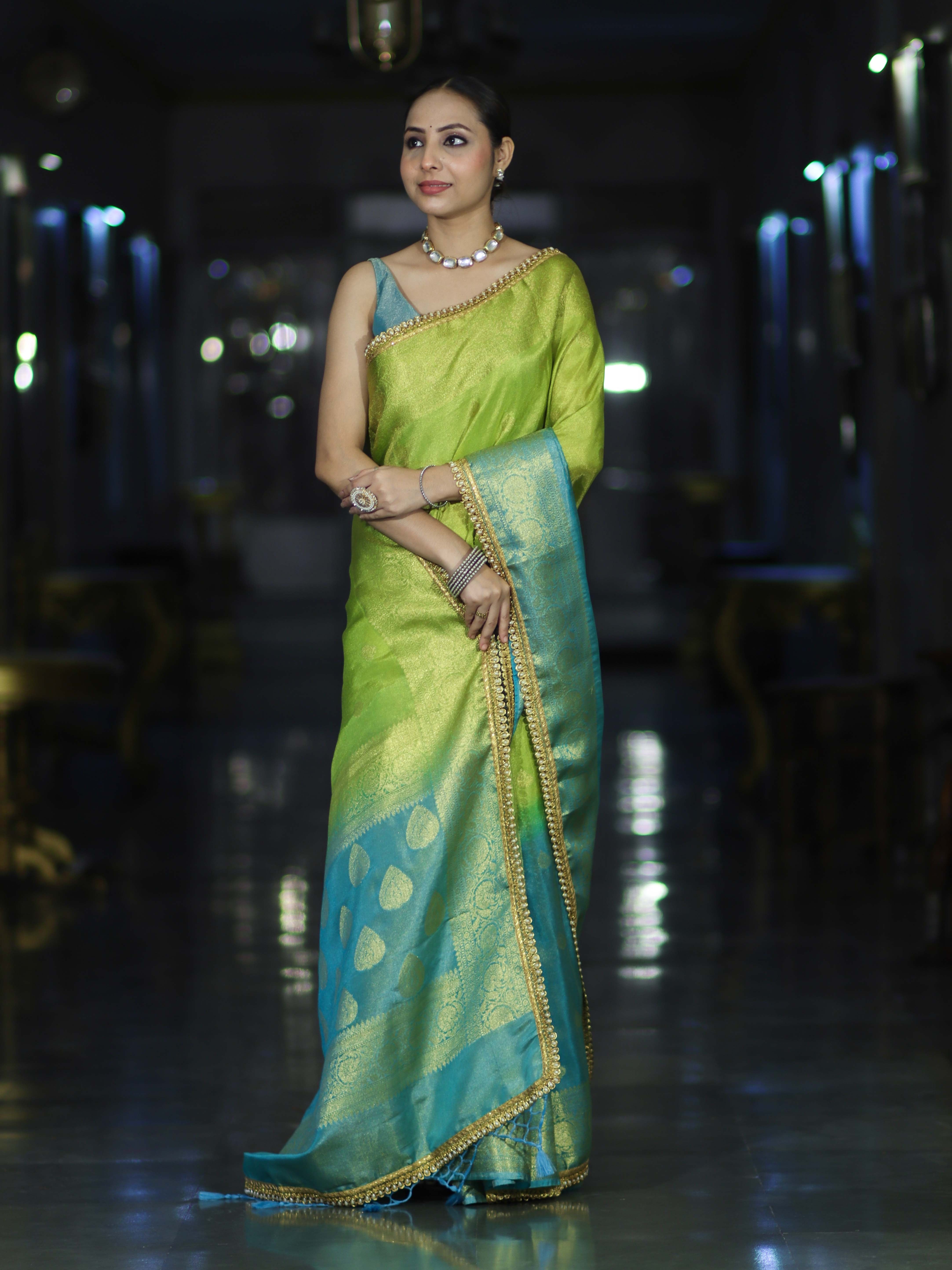 Banarasee Handloom Dual Color Tissue Silk Saree With Zari Buta Design Border & Lace-Light Green & Light Blue