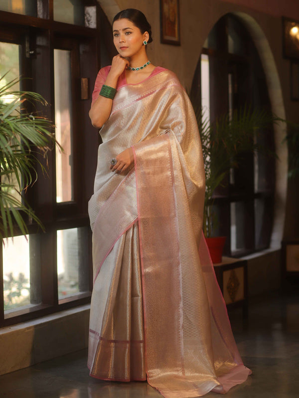 Banarasee Handwoven Tissue Saree With Zari Design & Contrast Broder-Silver & Pink