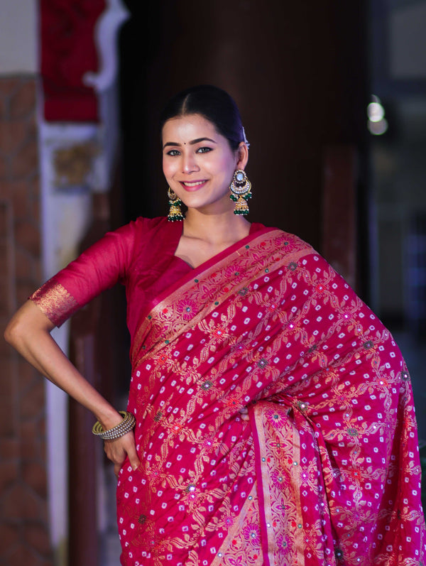 Banarasee Handloom Semi Silk Bandhej Saree With Zari Jaal Design Mirror Work & Floral Border-Pink