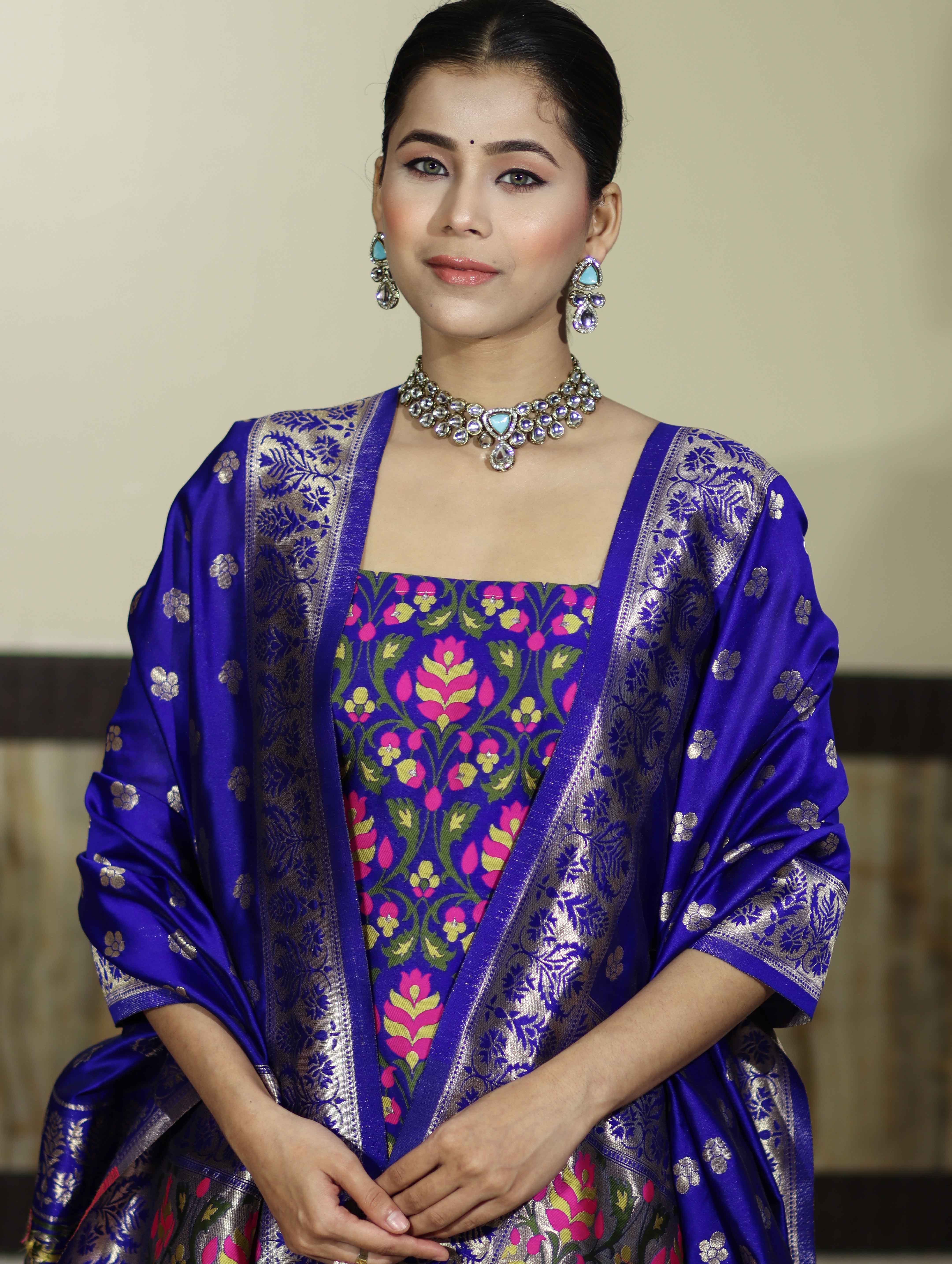 Banarasee Semi-Silk Zari & Resham Work Salwar Kameez Fabric With Dupatta Set-Royal Blue