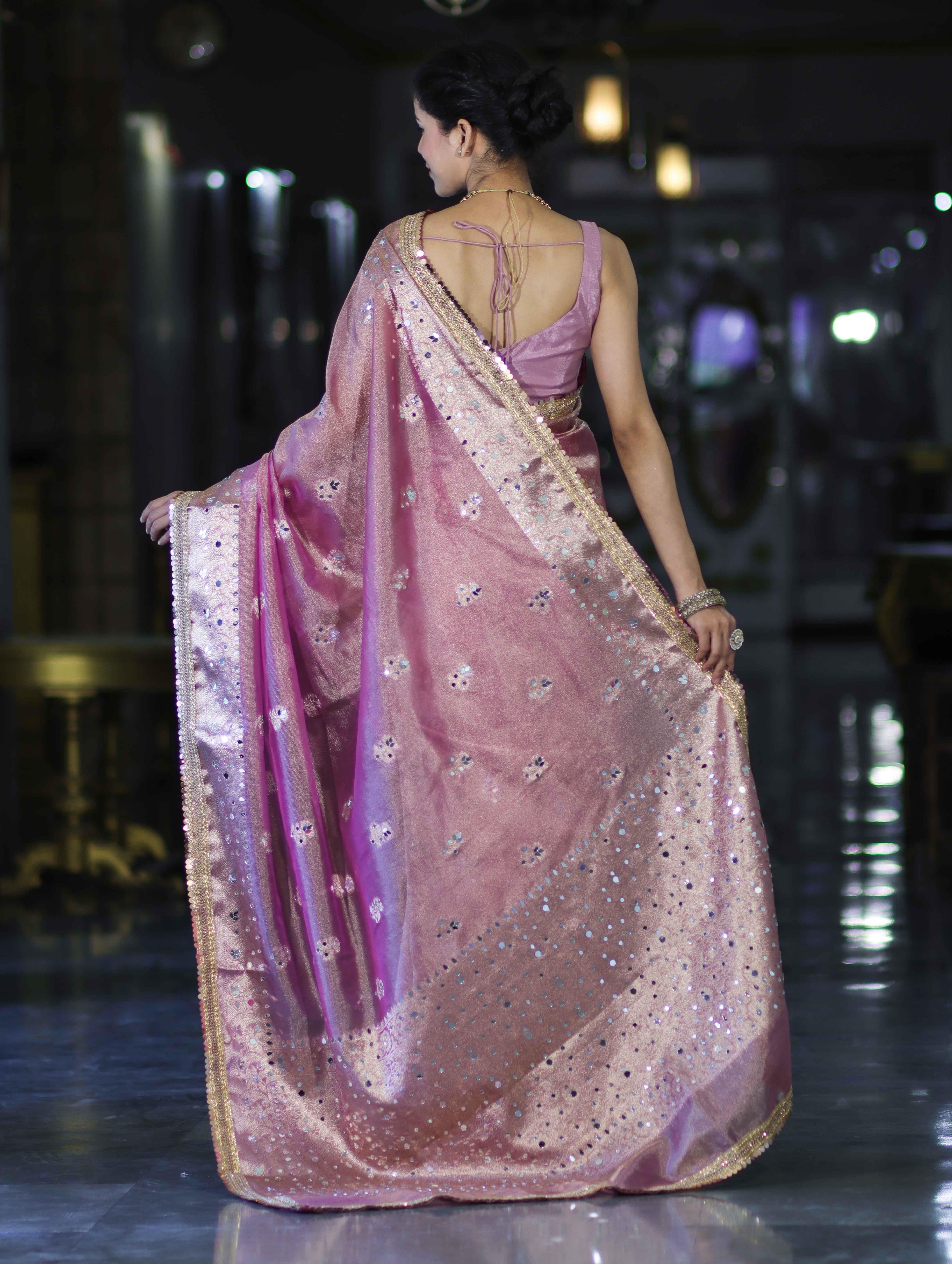 Banarasee Handwoven Tissue Zari Woven Mirror Work Saree-Light Pink