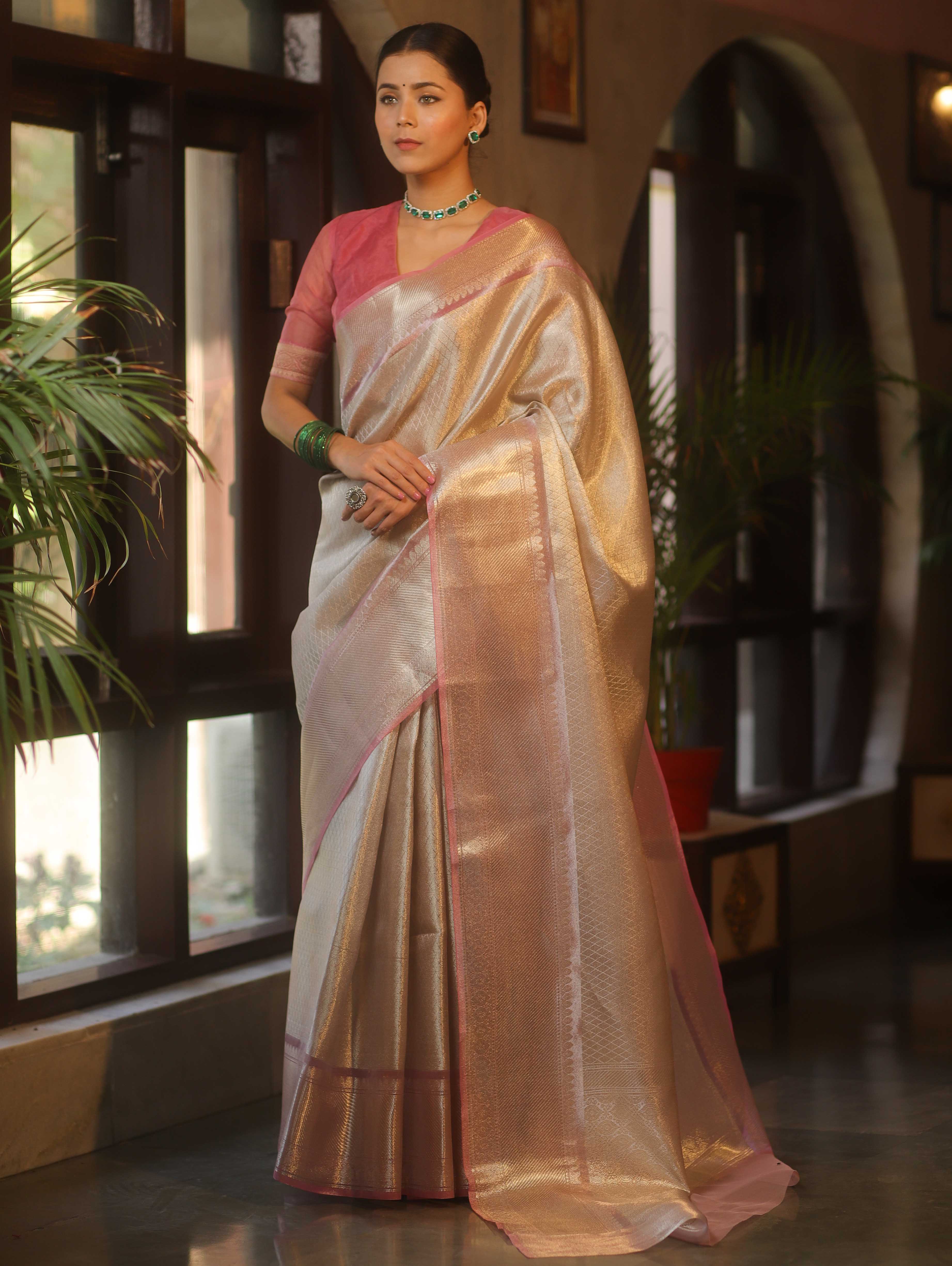 Banarasee Handwoven Tissue Saree With Zari Design & Contrast Broder-Silver & Pink