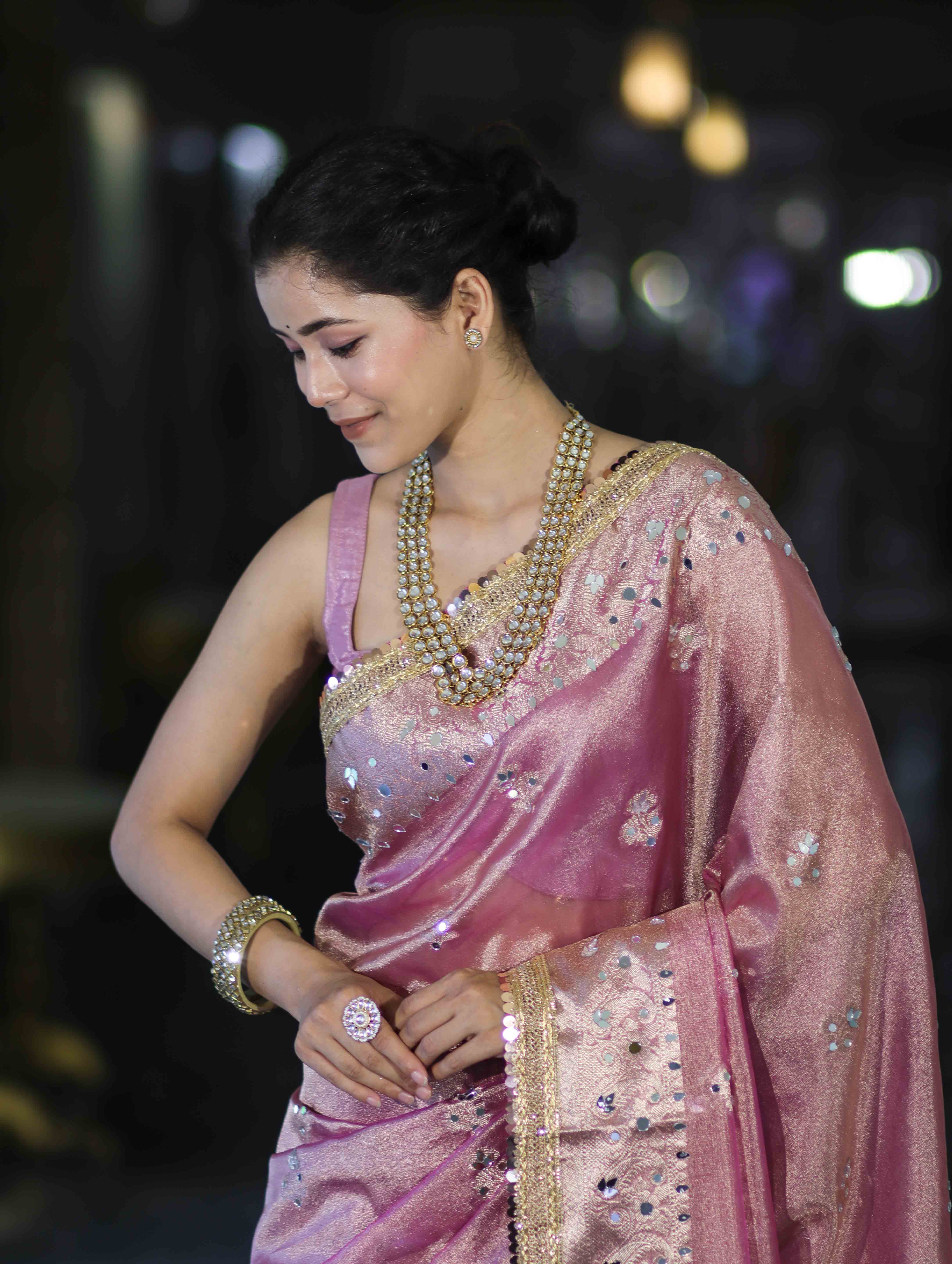 Banarasee Handwoven Tissue Zari Woven Mirror Work Saree-Light Pink
