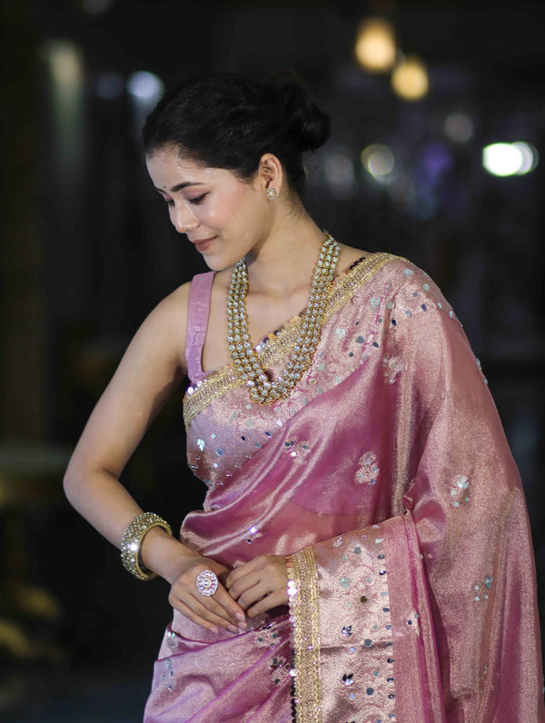 Banarasee Handwoven Tissue Zari Woven Mirror Work Saree-Light Pink