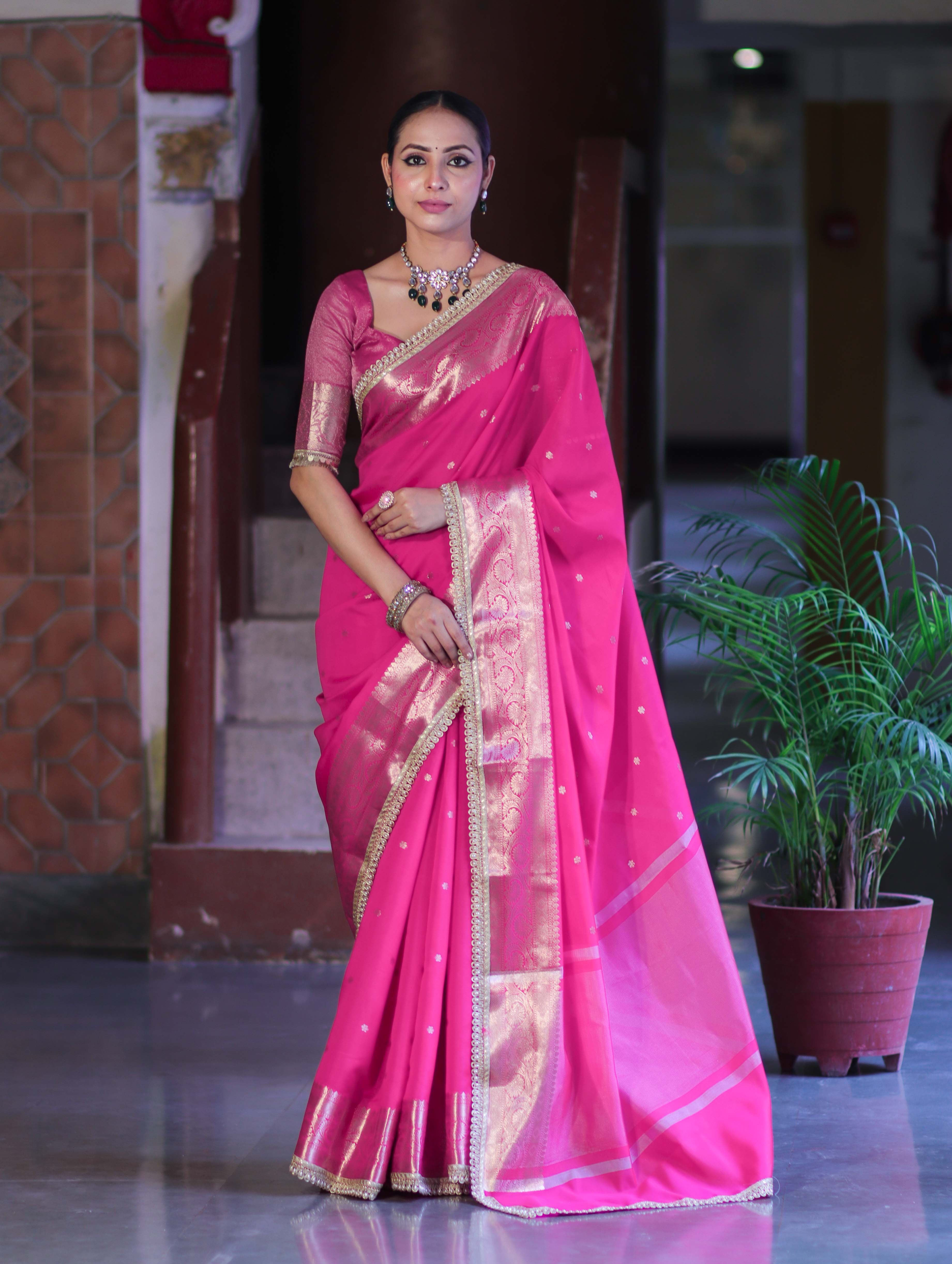 Banarasee Handloom Semi Silk Saree With Buti Design Zari Border & Lace-Fuchsia Pink