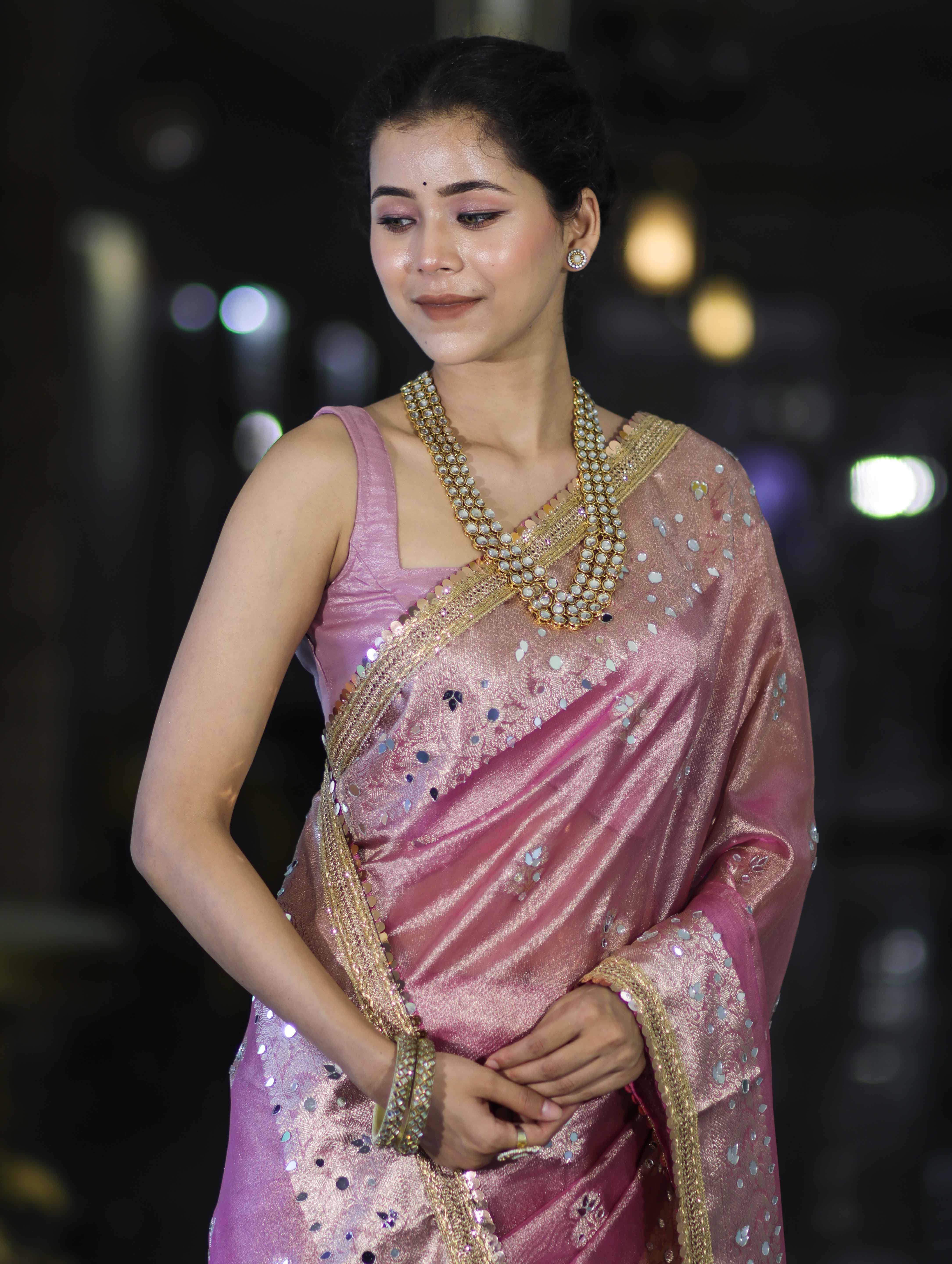 Banarasee Handwoven Tissue Zari Woven Mirror Work Saree-Light Pink