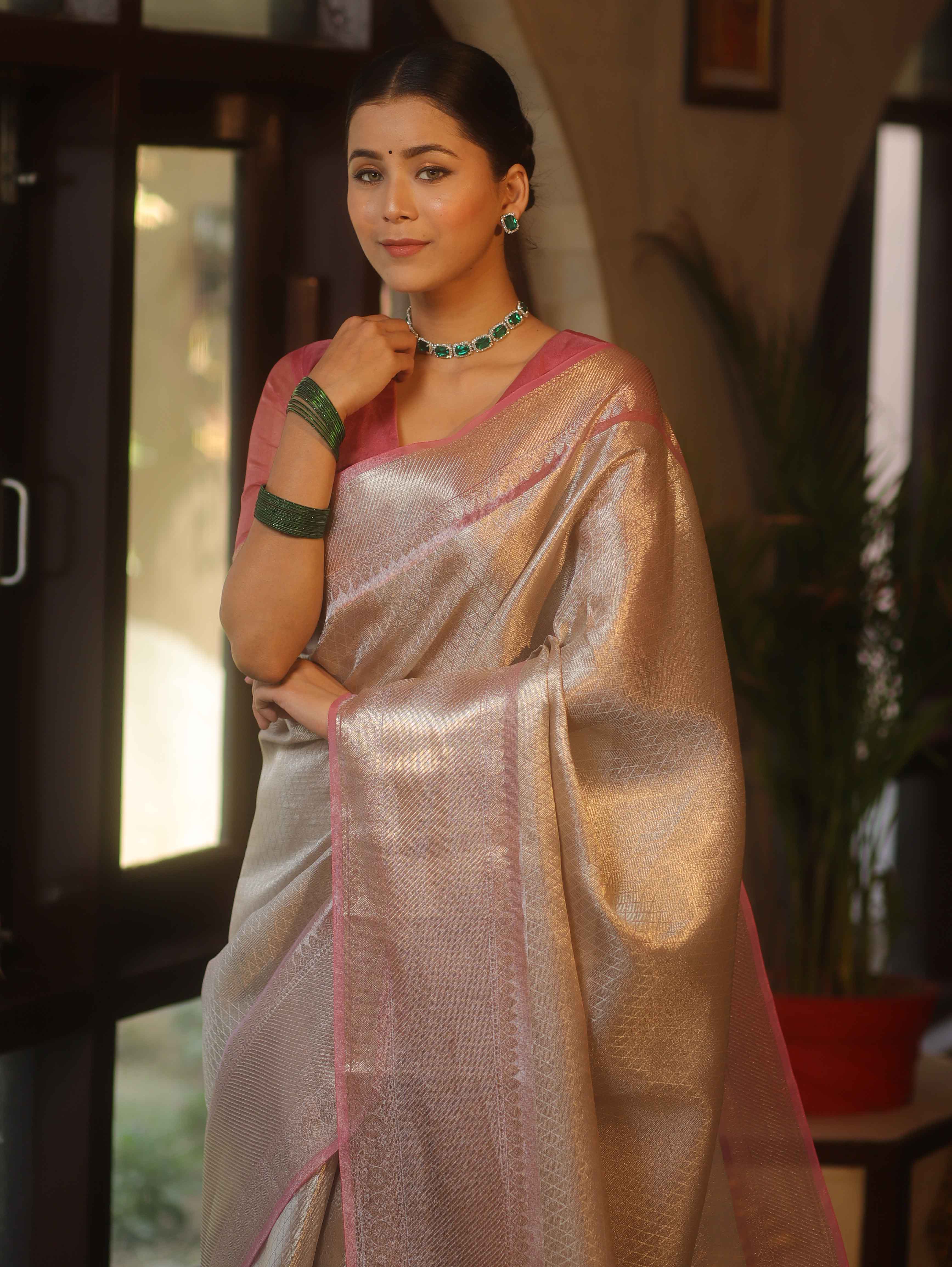 Banarasee Handwoven Tissue Saree With Zari Design & Contrast Broder-Silver & Pink
