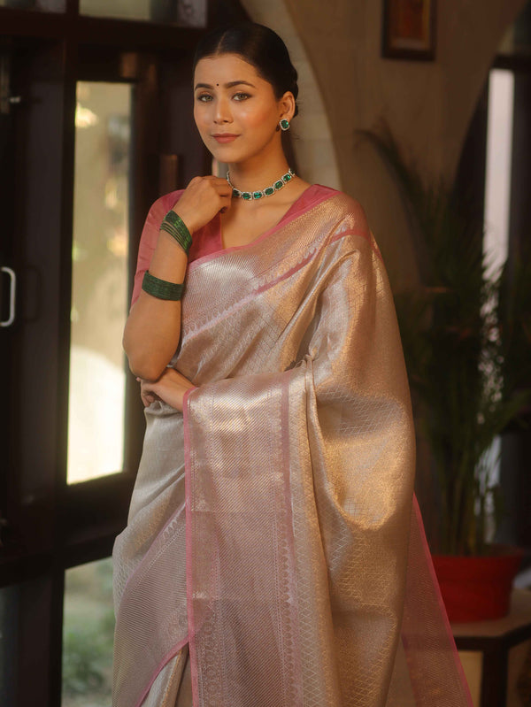 Banarasee Handwoven Tissue Saree With Zari Design & Contrast Broder-Silver & Pink
