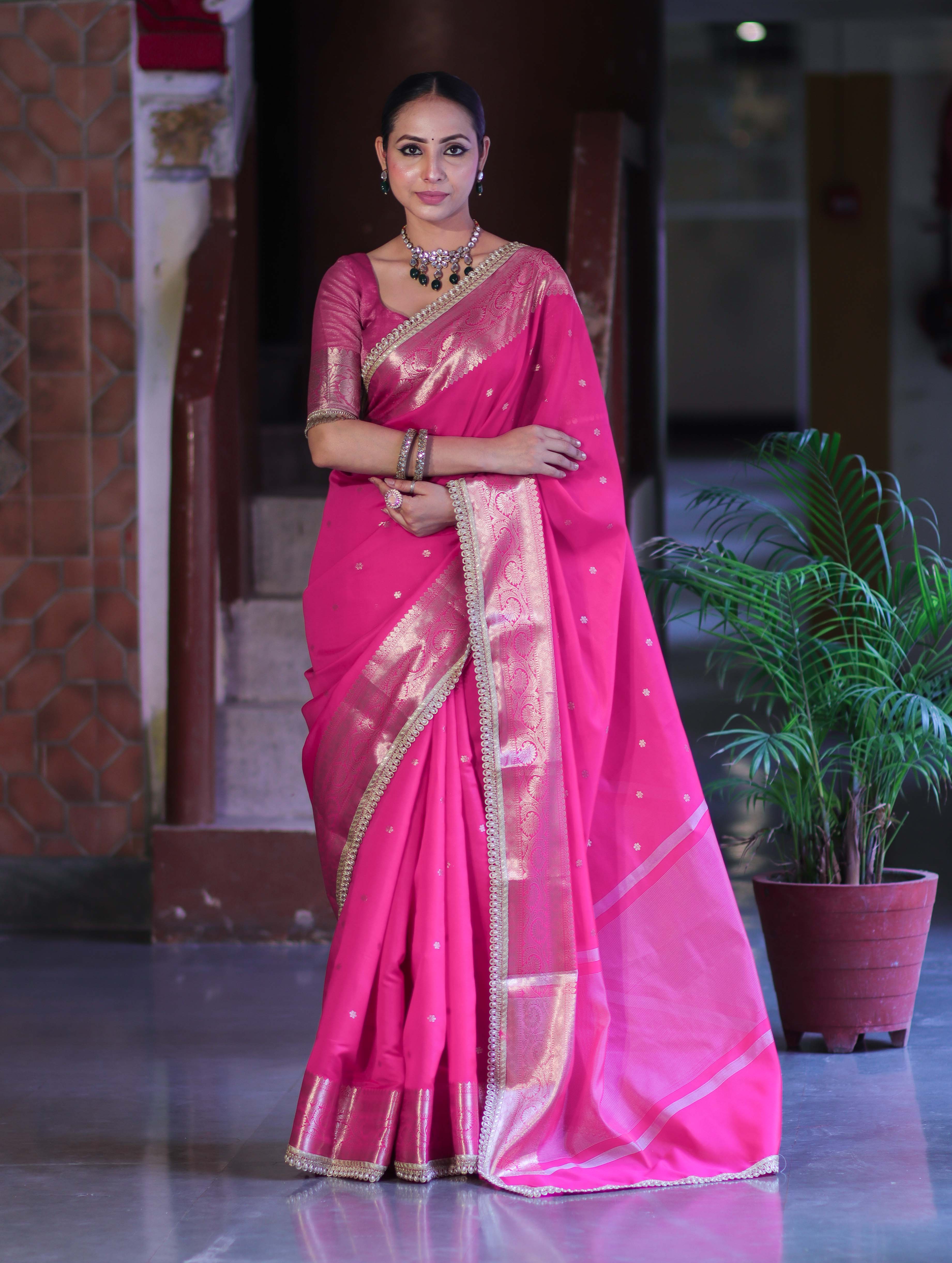 Banarasee Handloom Semi Silk Saree With Buti Design Zari Border & Lace-Fuchsia Pink