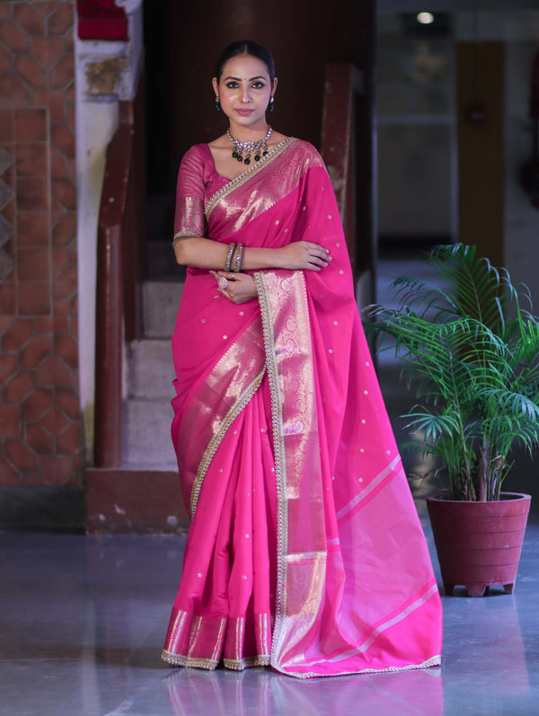 Banarasee Handloom Semi Silk Saree With Buti Design Zari Border & Lace-Fuchsia Pink