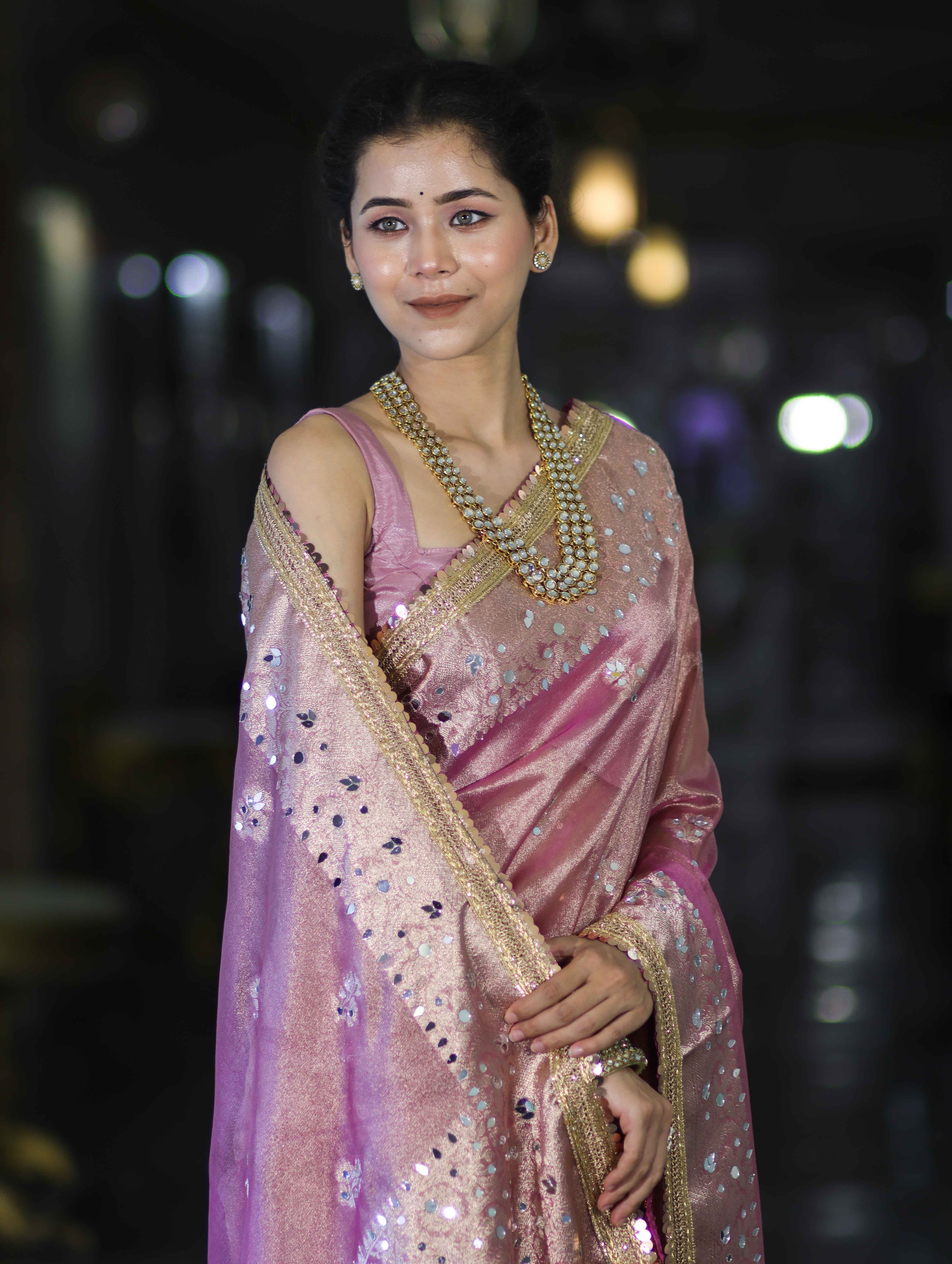 Banarasee Handwoven Tissue Zari Woven Mirror Work Saree-Light Pink