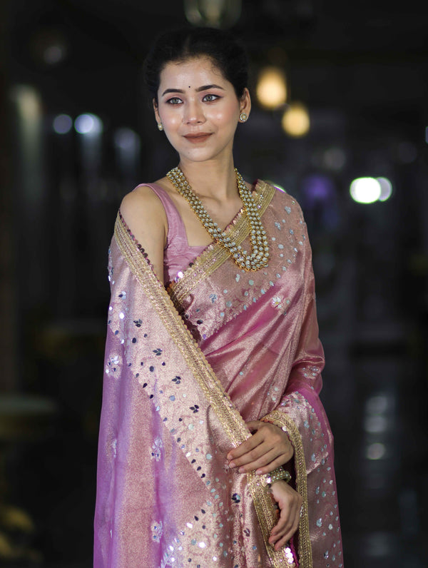 Banarasee Handwoven Tissue Zari Woven Mirror Work Saree-Light Pink