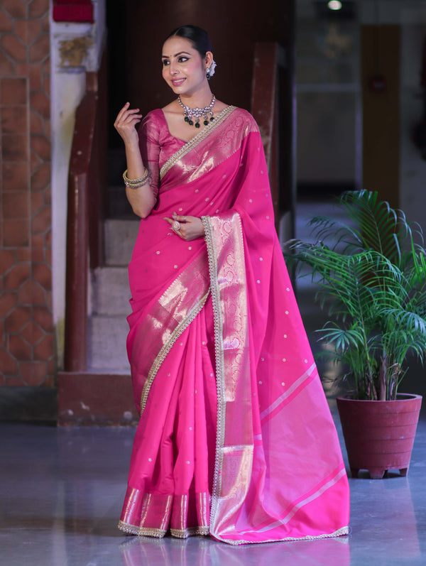 Banarasee Handloom Semi Silk Saree With Buti Design Zari Border & Lace-Fuchsia Pink