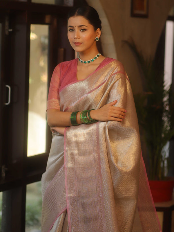 Banarasee Handwoven Tissue Saree With Zari Design & Contrast Broder-Silver & Pink