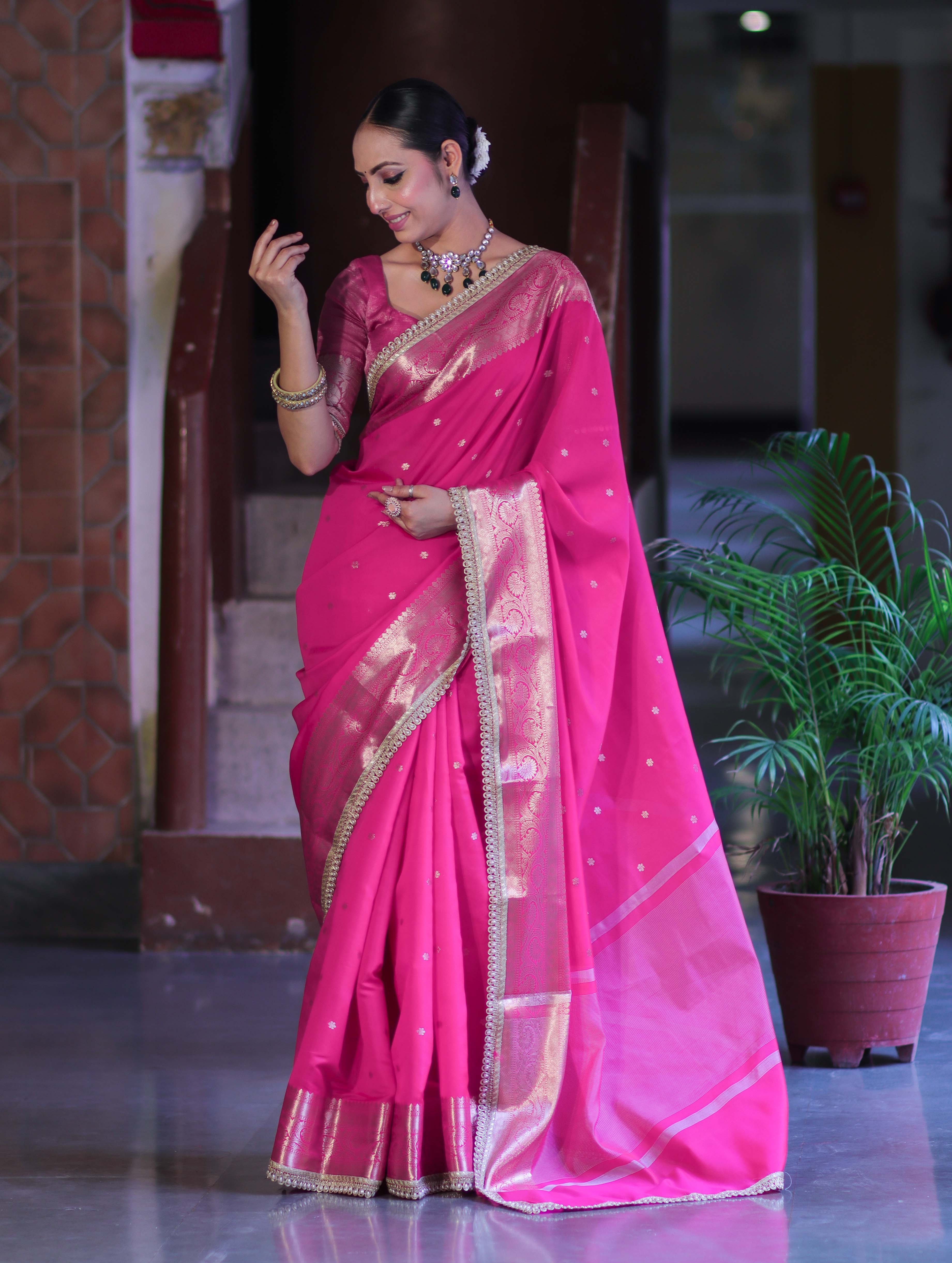 Banarasee Handloom Semi Silk Saree With Buti Design Zari Border & Lace-Fuchsia Pink