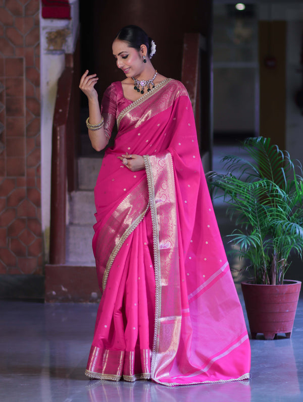 Banarasee Handloom Semi Silk Saree With Buti Design Zari Border & Lace-Fuchsia Pink