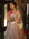 Banarasee Handwoven Tissue Saree With Zari Design & Contrast Broder-Silver & Pink