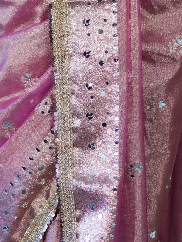 Banarasee Handwoven Tissue Zari Woven Mirror Work Saree-Light Pink