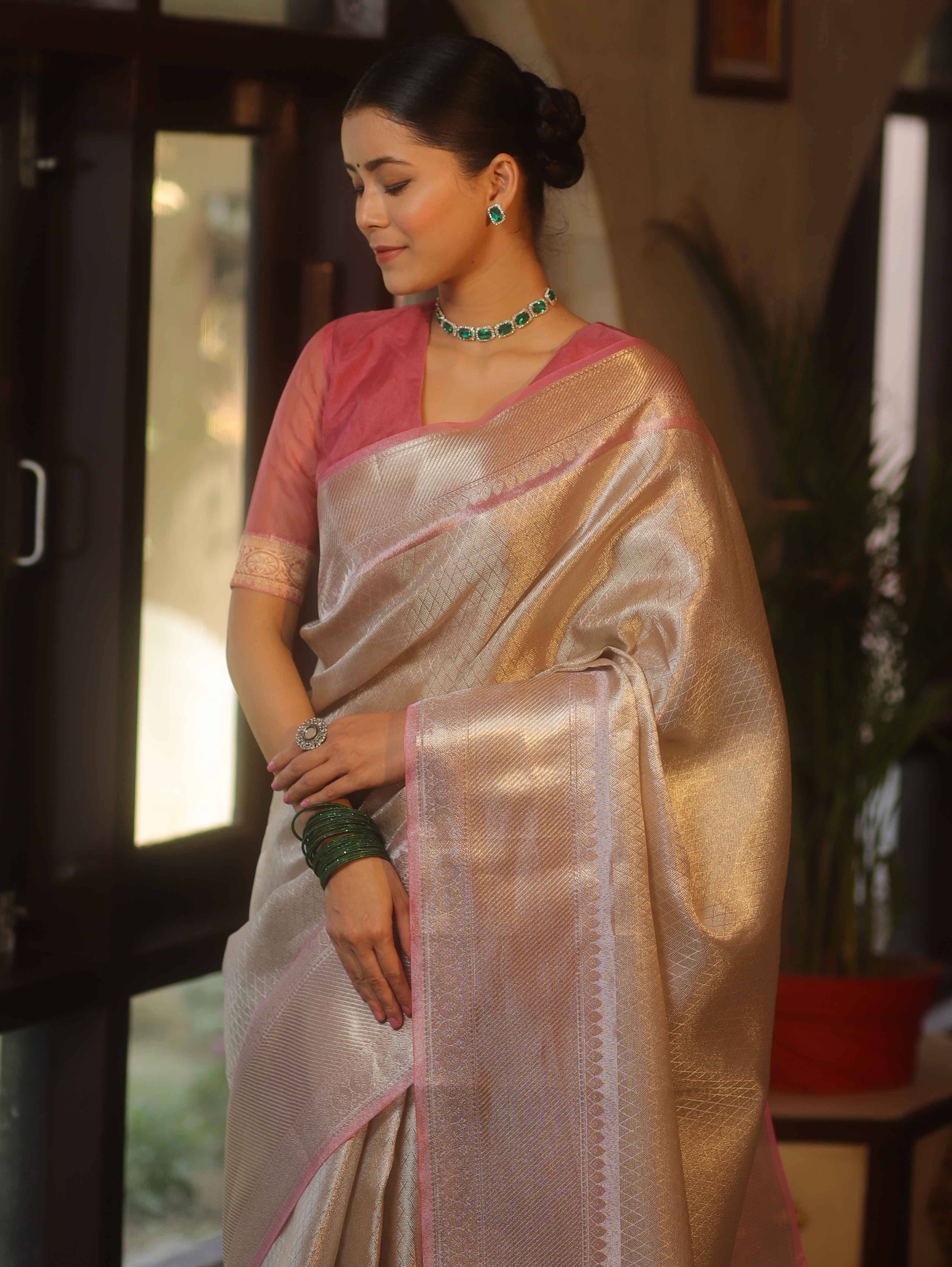 Banarasee Handwoven Tissue Saree With Zari Design & Contrast Broder-Silver & Pink