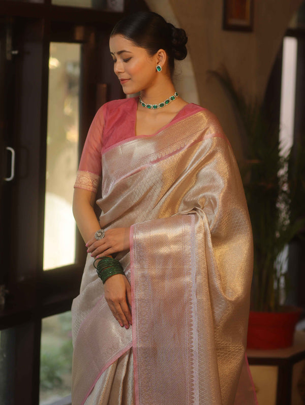 Banarasee Handwoven Tissue Saree With Zari Design & Contrast Broder-Silver & Pink