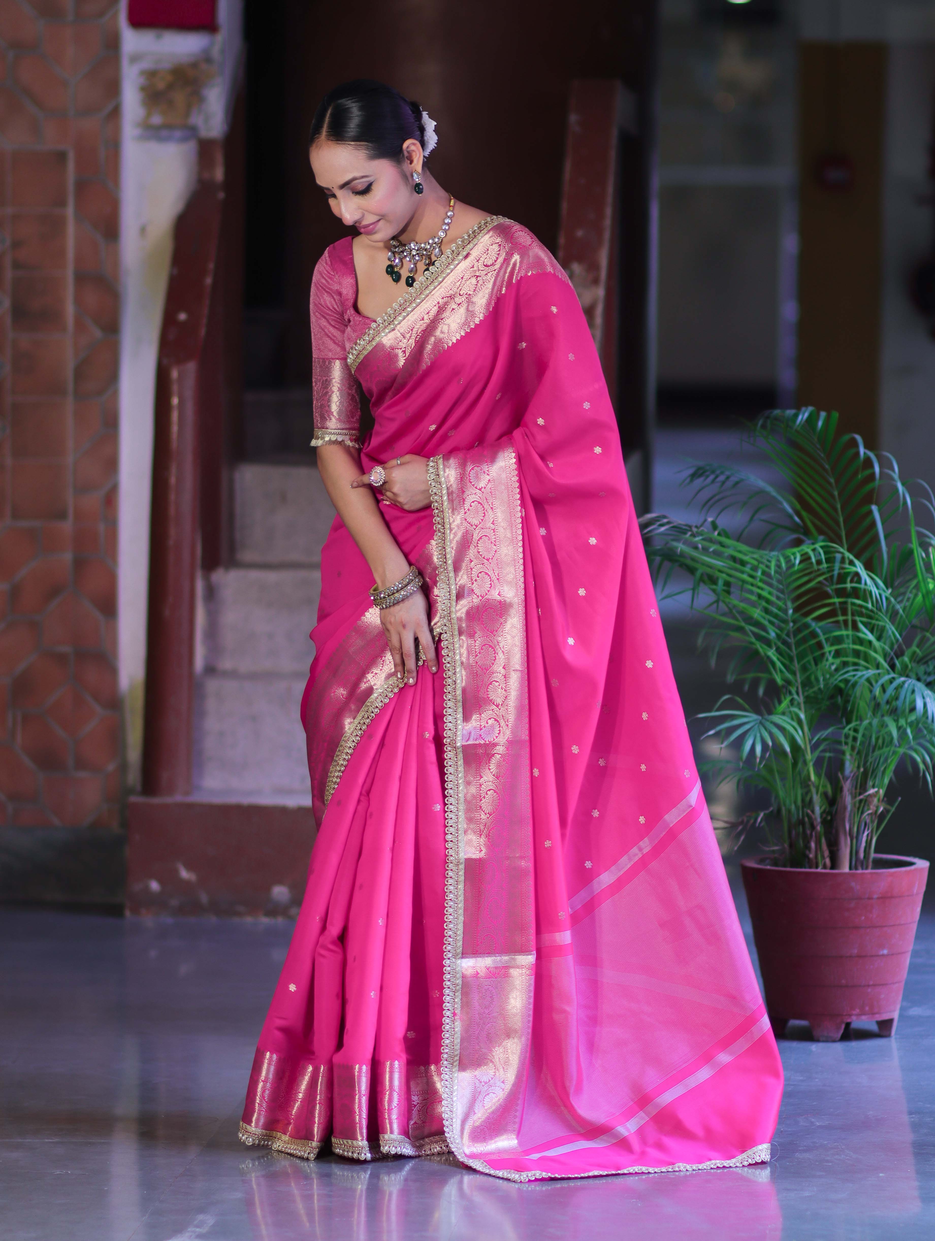 Banarasee Handloom Semi Silk Saree With Buti Design Zari Border & Lace-Fuchsia Pink
