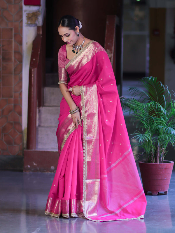 Banarasee Handloom Semi Silk Saree With Buti Design Zari Border & Lace-Fuchsia Pink