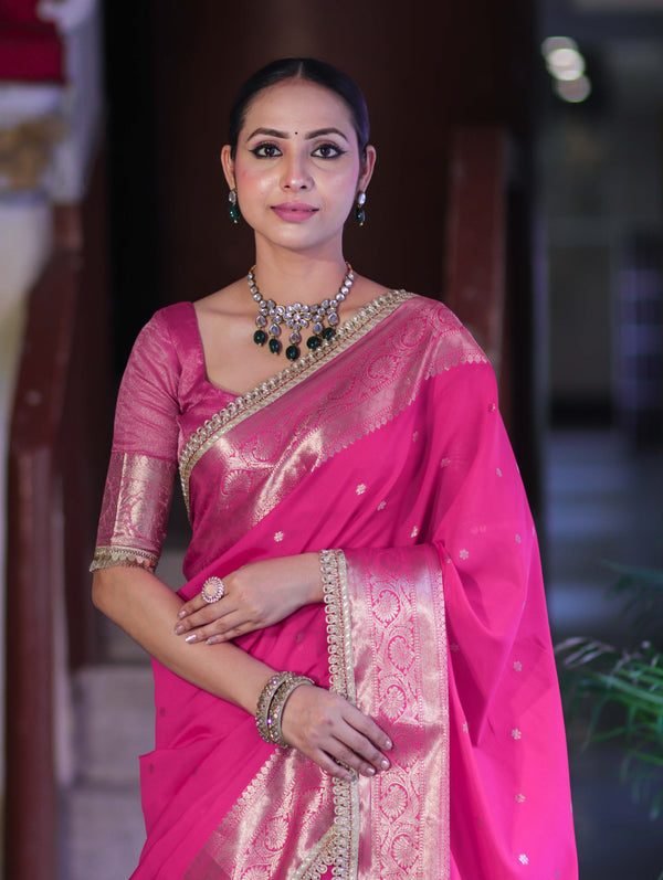 Banarasee Handloom Semi Silk Saree With Buti Design Zari Border & Lace-Fuchsia Pink