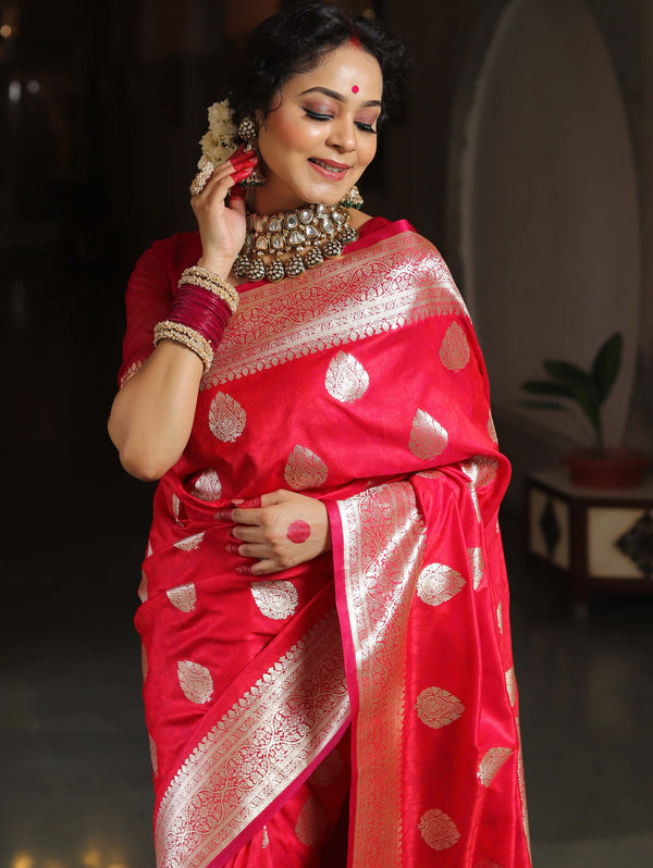 Banarasee Handwoven Semi-Katan Tanchoi Weaving Floral Border Saree-Pink