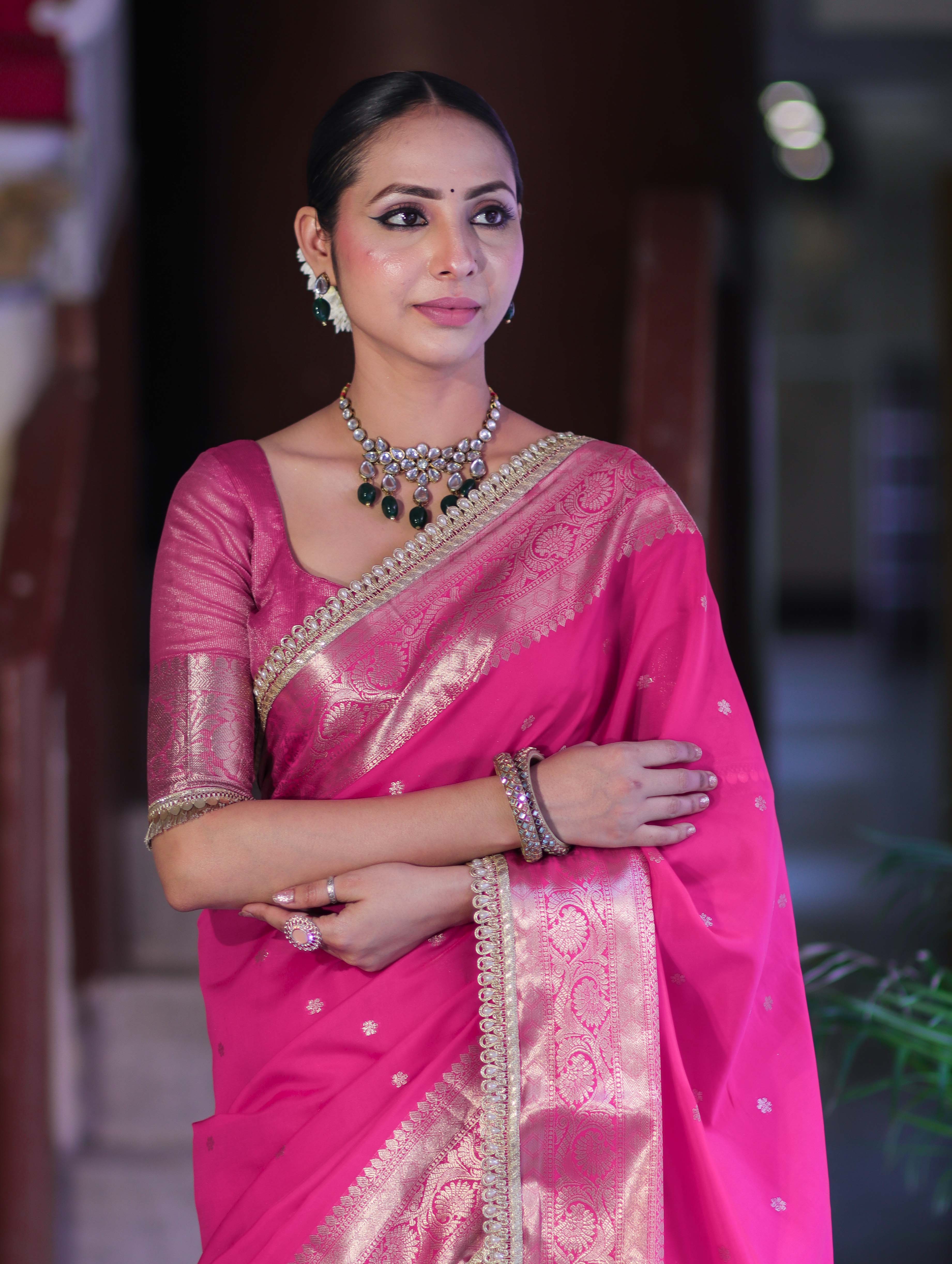 Banarasee Handloom Semi Silk Saree With Buti Design Zari Border & Lace-Fuchsia Pink