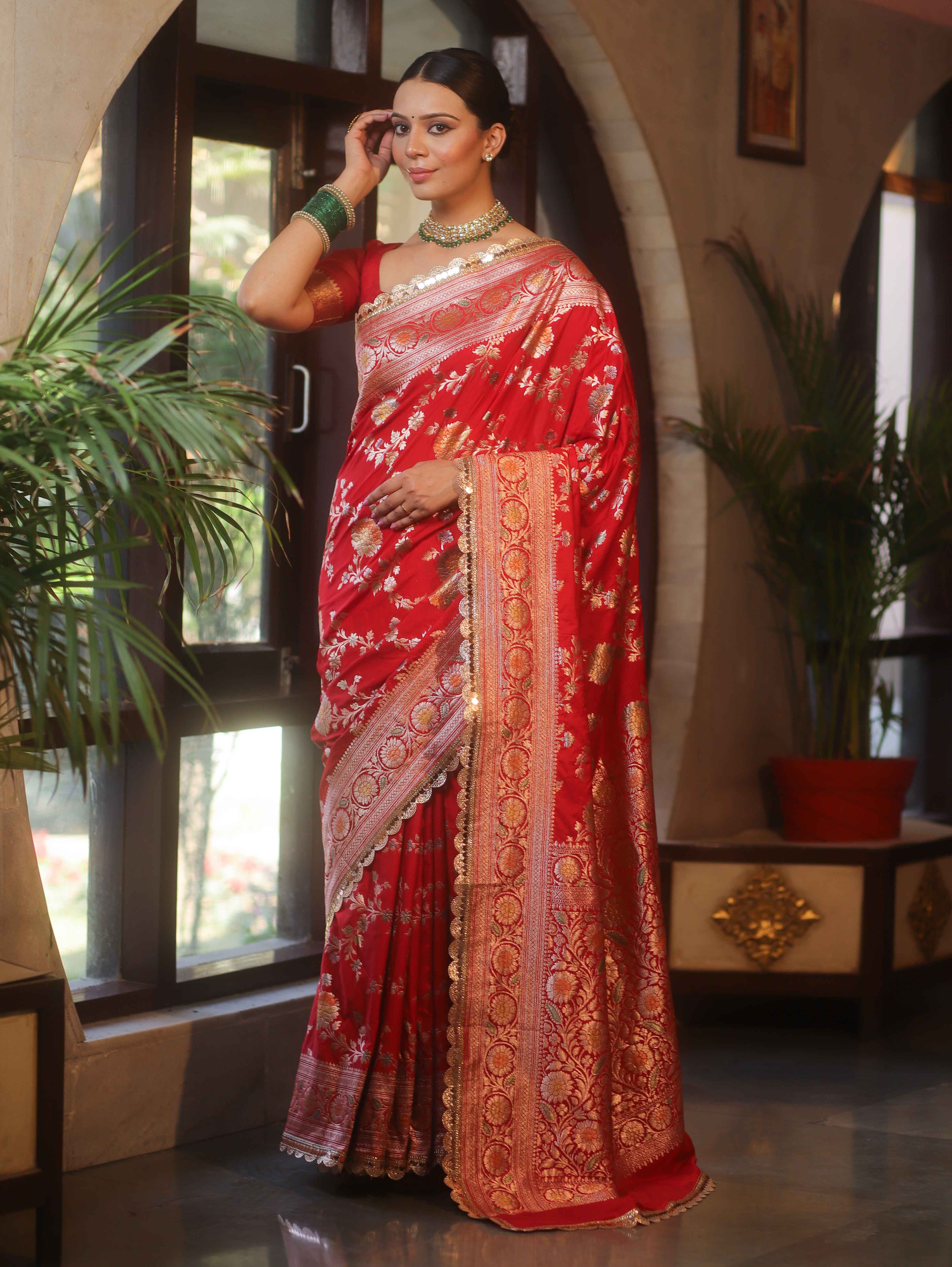 Banarasee Handwoven Semi Katan Saree With Hand Paint Zari Jaal Design & Lace-Red