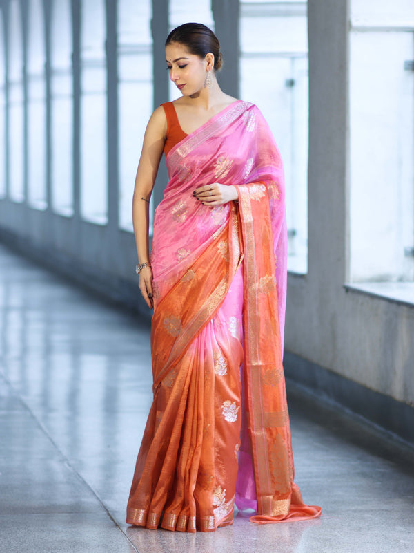 Banarasee Handloom Dual Color Dupion Silk Saree With Zari Floral Buta Design & Border-Rust & Pink