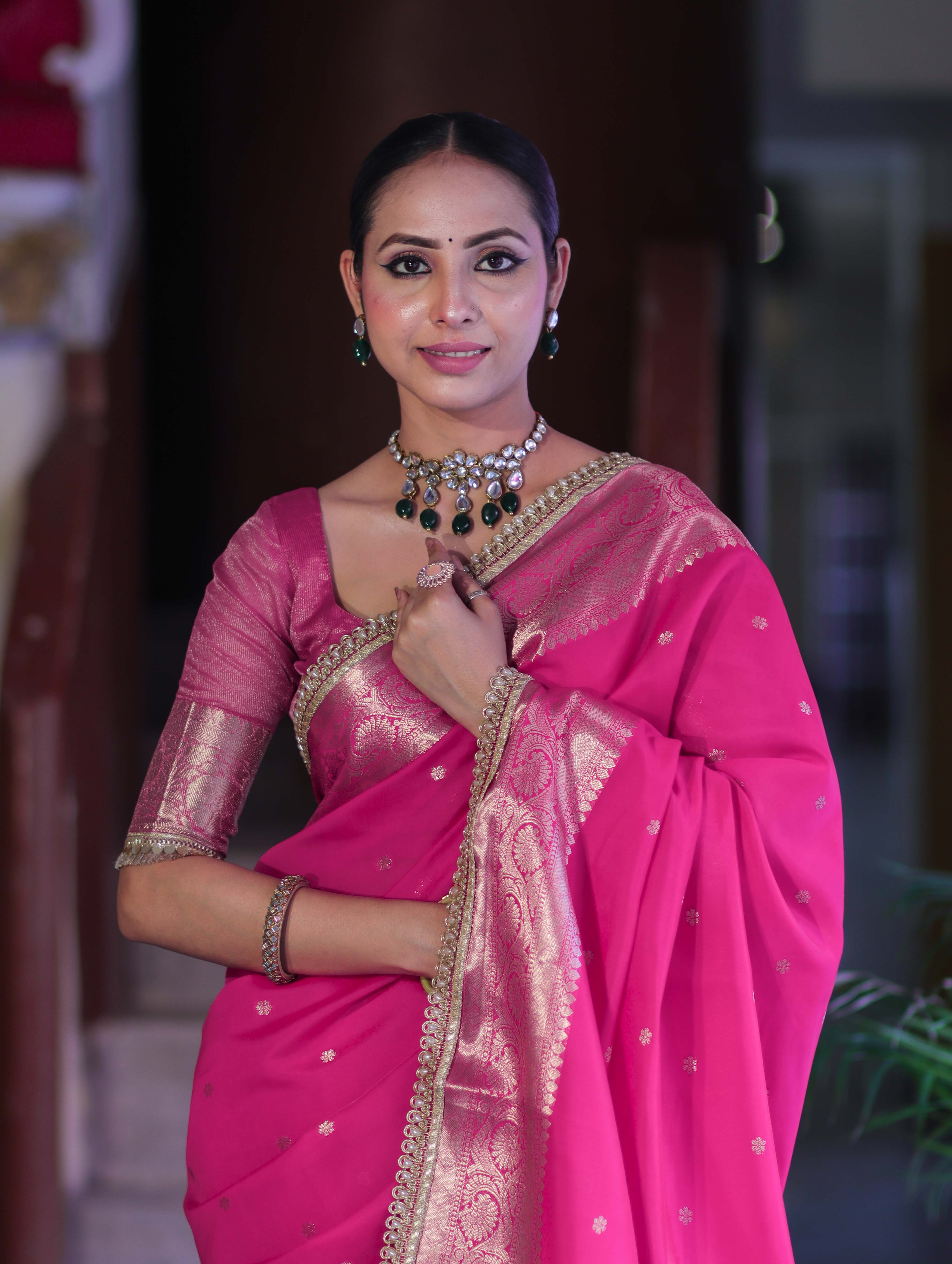 Banarasee Handloom Semi Silk Saree With Buti Design Zari Border & Lace-Fuchsia Pink